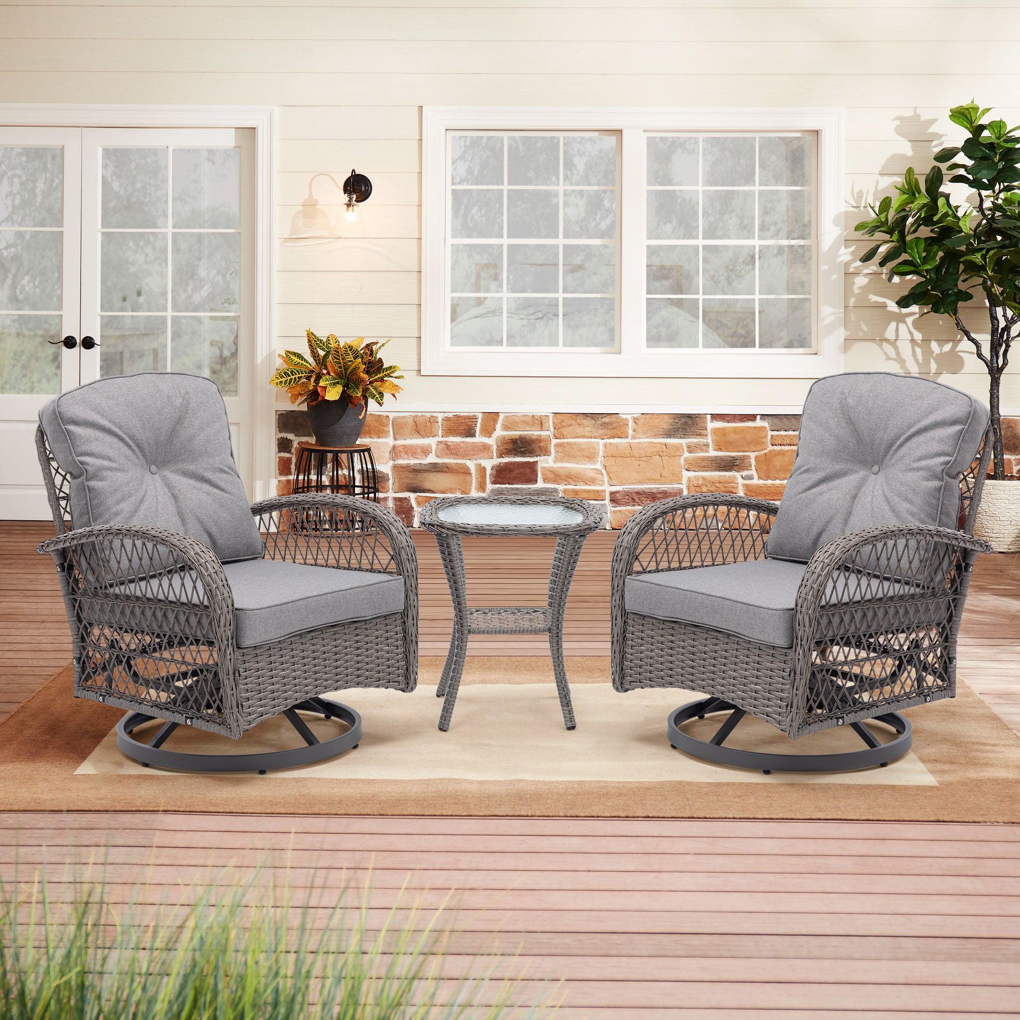 🆓🚛 3 Pieces Outdoor Swivel Rocker Patio Chairs, 360 Degree Rocking Patio Conversation Set with Thickened Cushions & Glass Coffee Table, Grey