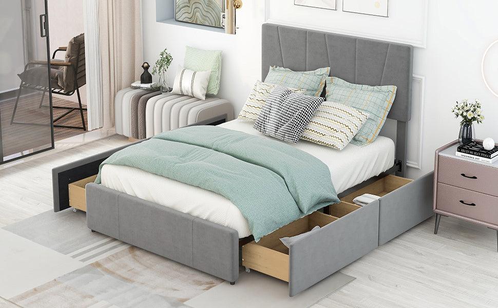 Full Size Upholstery Platform Bed with Four Drawers on Two Sides, Adjustable Headboard, Grey