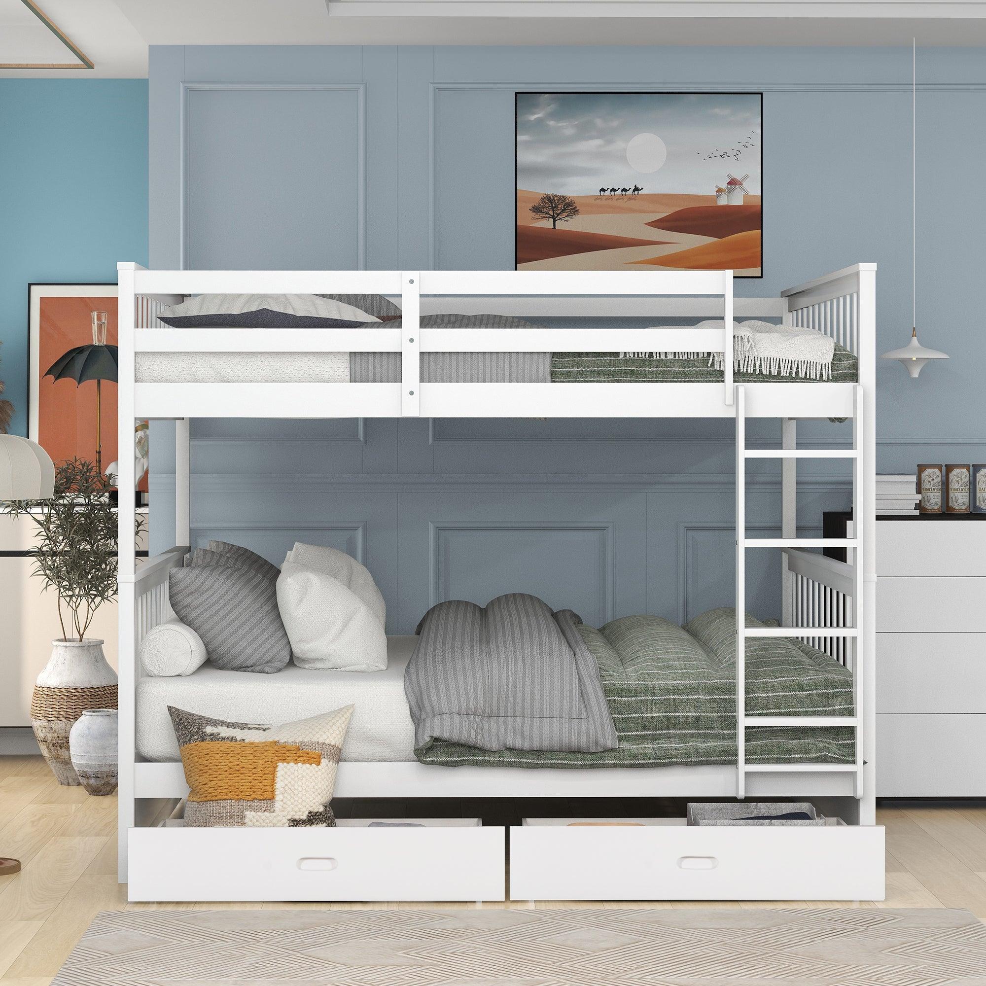 Full-Over-Full Bunk Bed with Ladders and Two Storage Drawers (White)