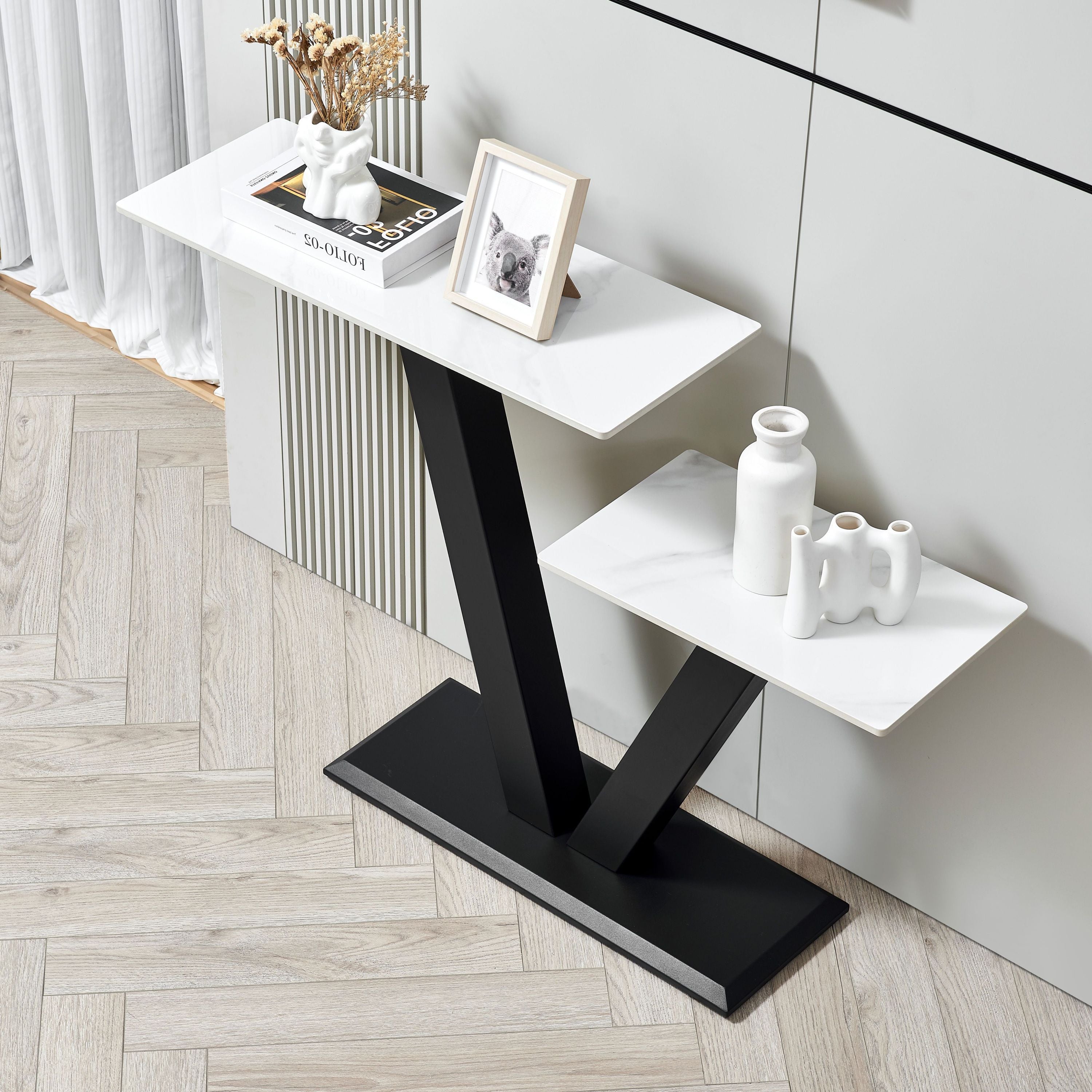 47.2" Modern Console Table, Exquisite Shape Design, Metal Frame With Adjustable Foot Pads for Entrance, Corridor, Living Room & Office (Black)