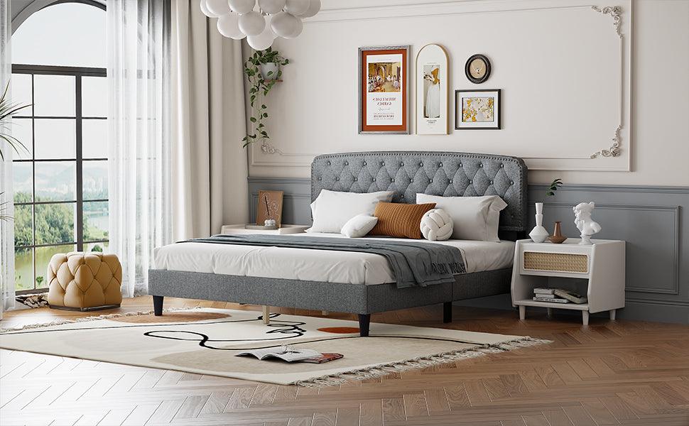 🆓🚛 King Size Adjustable Headboard With Fine Linen Upholstery & Button Tufting for Bedroom, Wave Top Light Gray