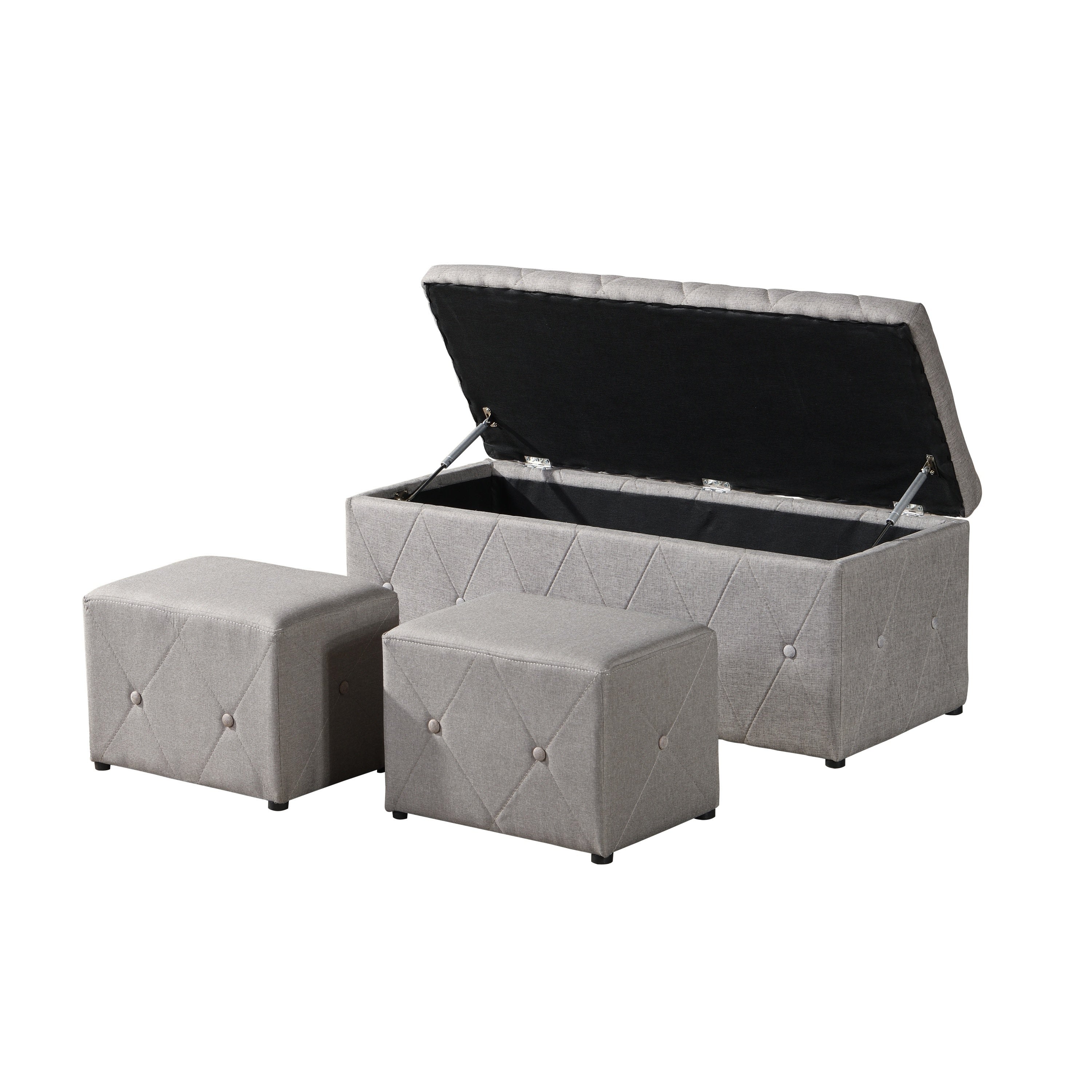 Elegant Rectangular Storage Ottoman with 2 Set Ottomans in Beige Linen Fabric