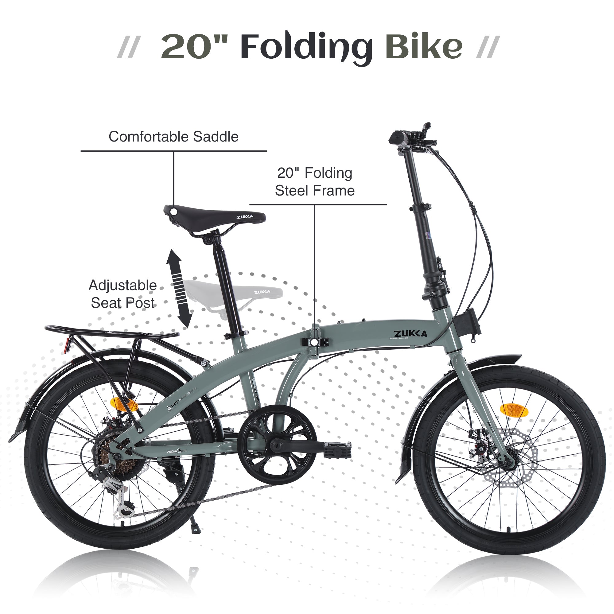 20" Folding Bike Steel Frame 7 Speed City Bike, Gray