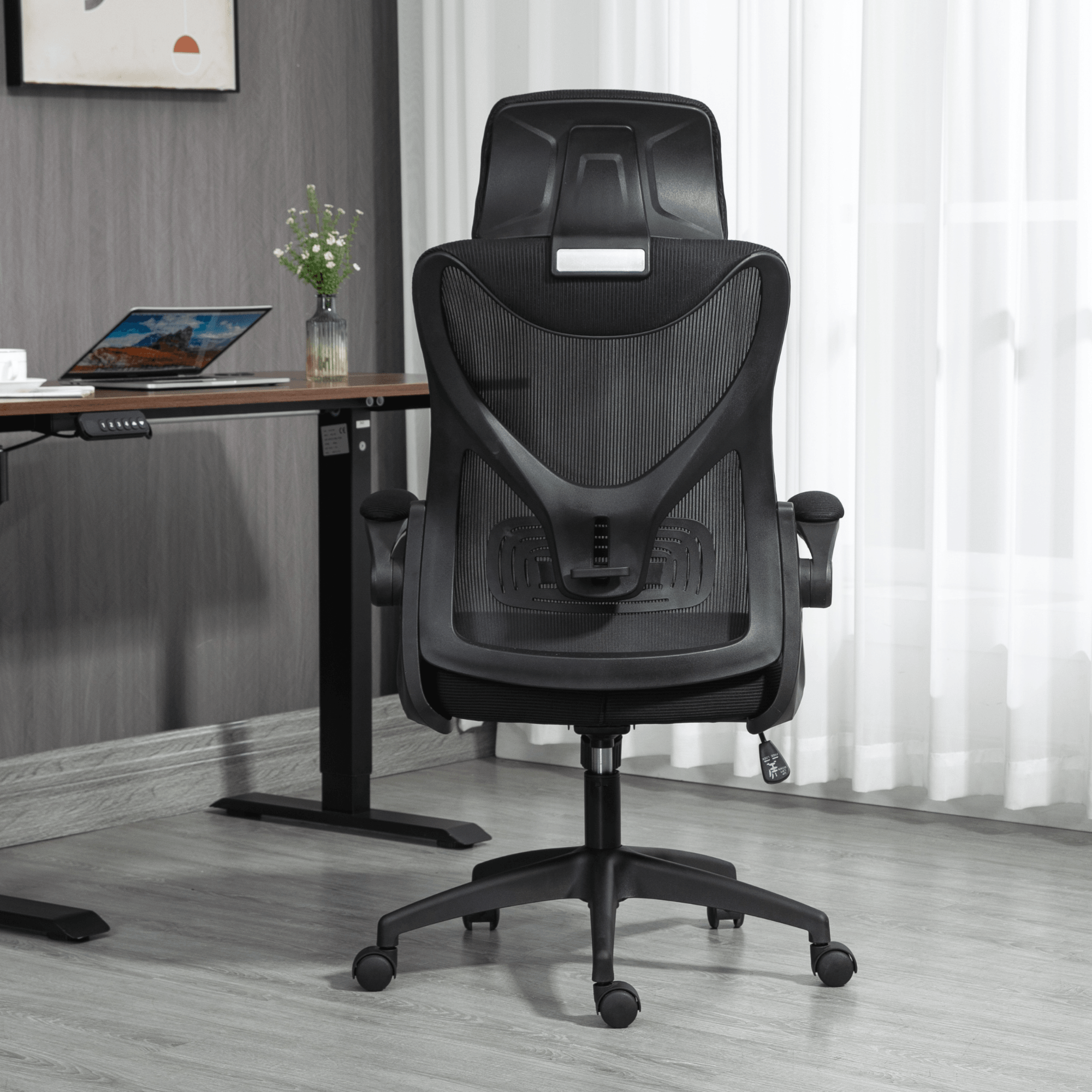 Ergonomic Office Desk Chair with wheels High Back Computer Task Chair Home Mesh Swivel Desk Chair with Adjustable Back Height & Flip up Arms & Lumbar Support & Headrest for Home/Study/Working(Black)