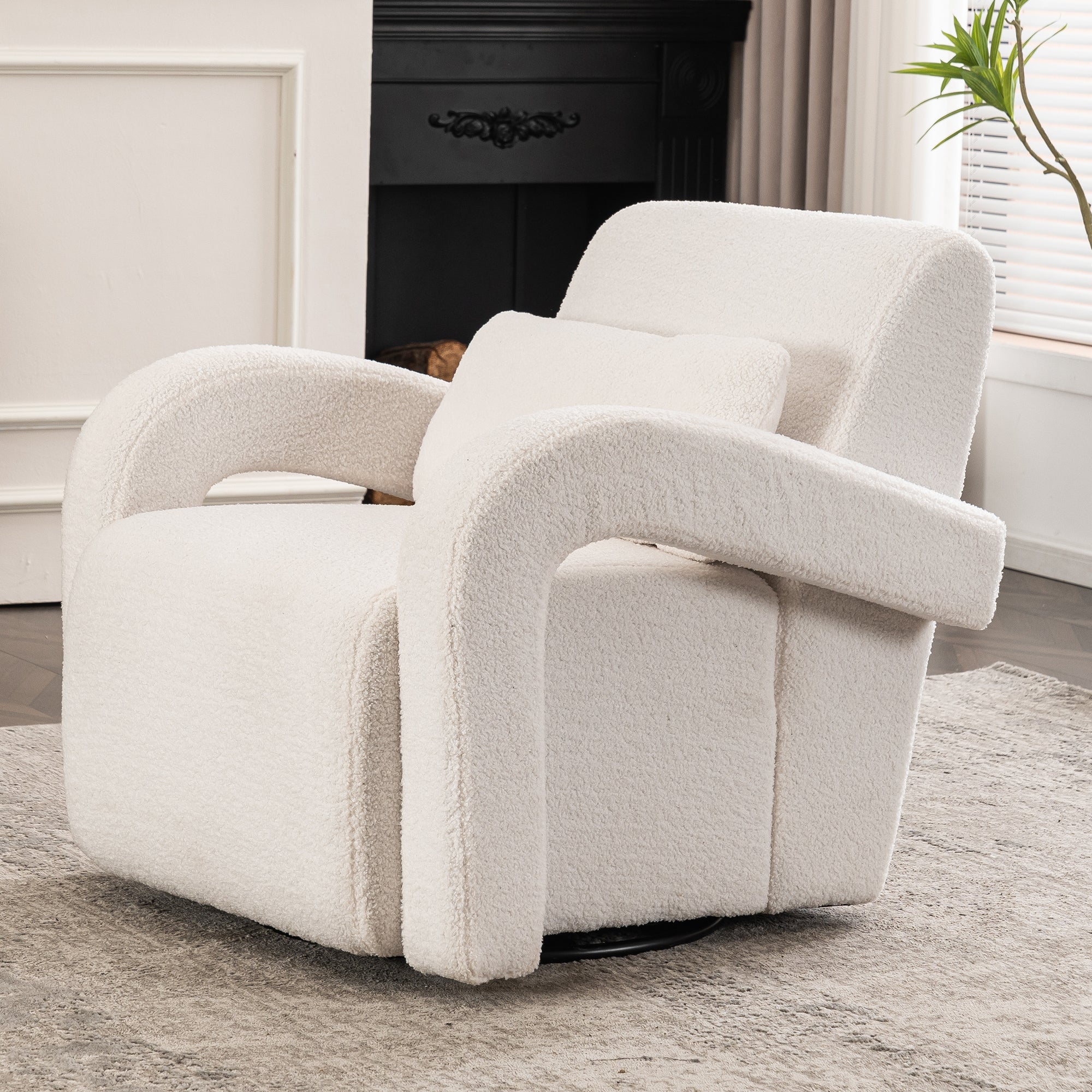 🆓🚛 Cozy Teddy Fabric Armchair - Modern Sturdy Lounge Chair With Curved Arms and Thick Cushioning for Plush Comfort, White