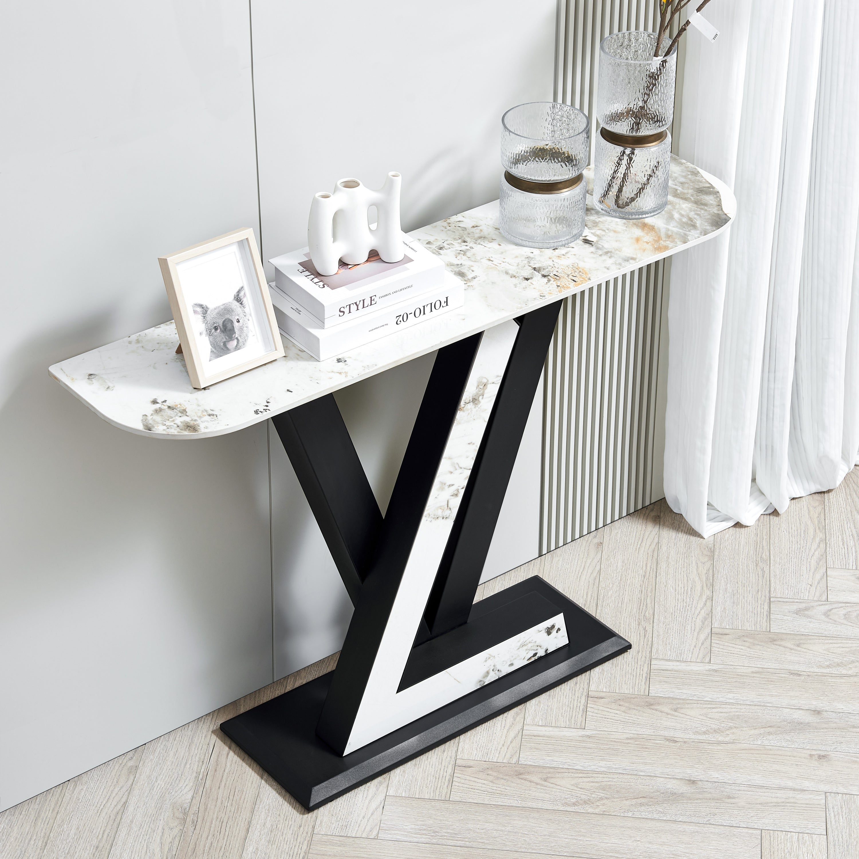 47.2" Modern Console Table, Exquisite Shape Design, Metal Frame With Adjustable Foot Pads for Entrance, Corridor, Living Room & Office (Black)