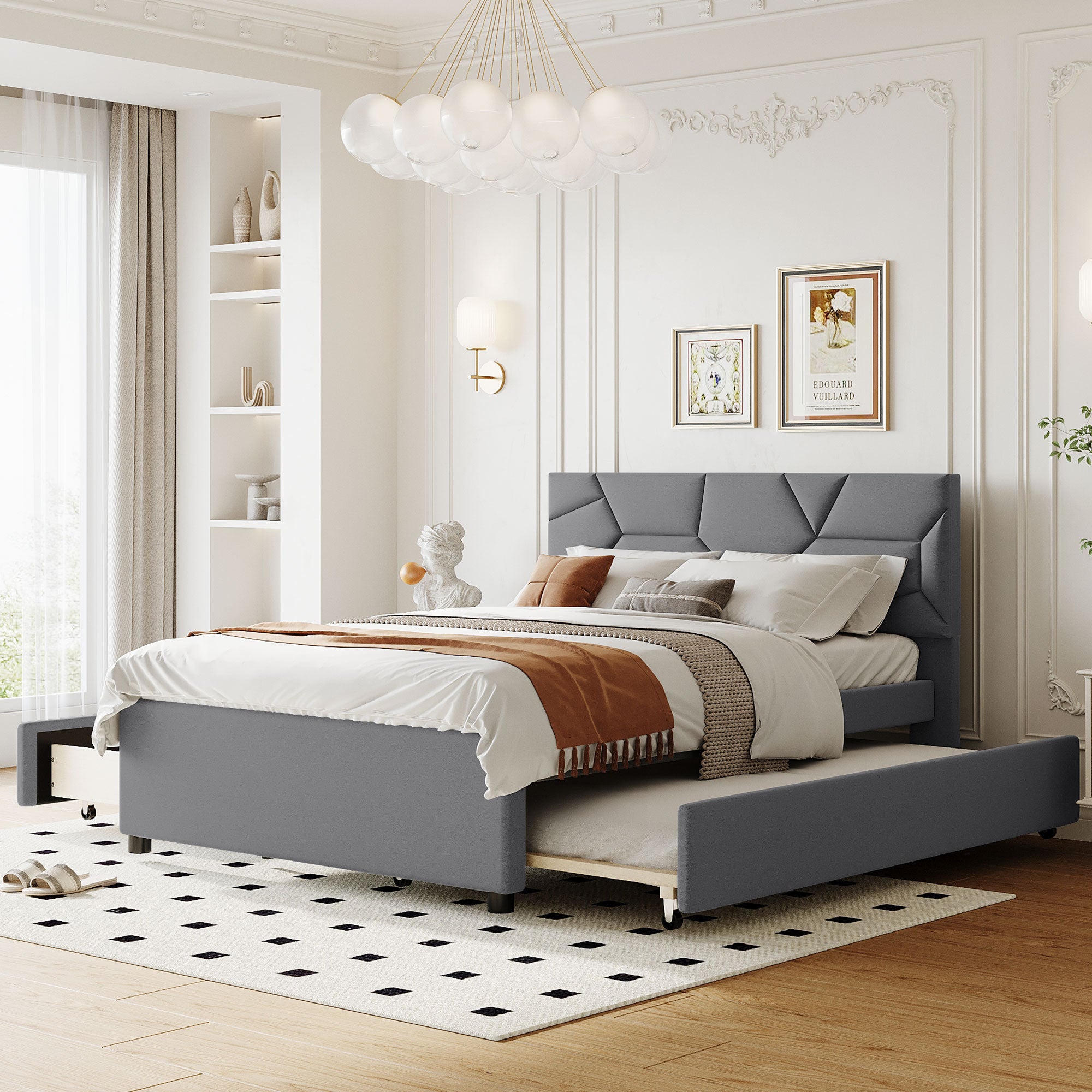 Full Size Upholstered Platform Bed with Brick Pattern Headboard, with Twin Size Trundle and 2 Drawers, Linen Fabric, Gray