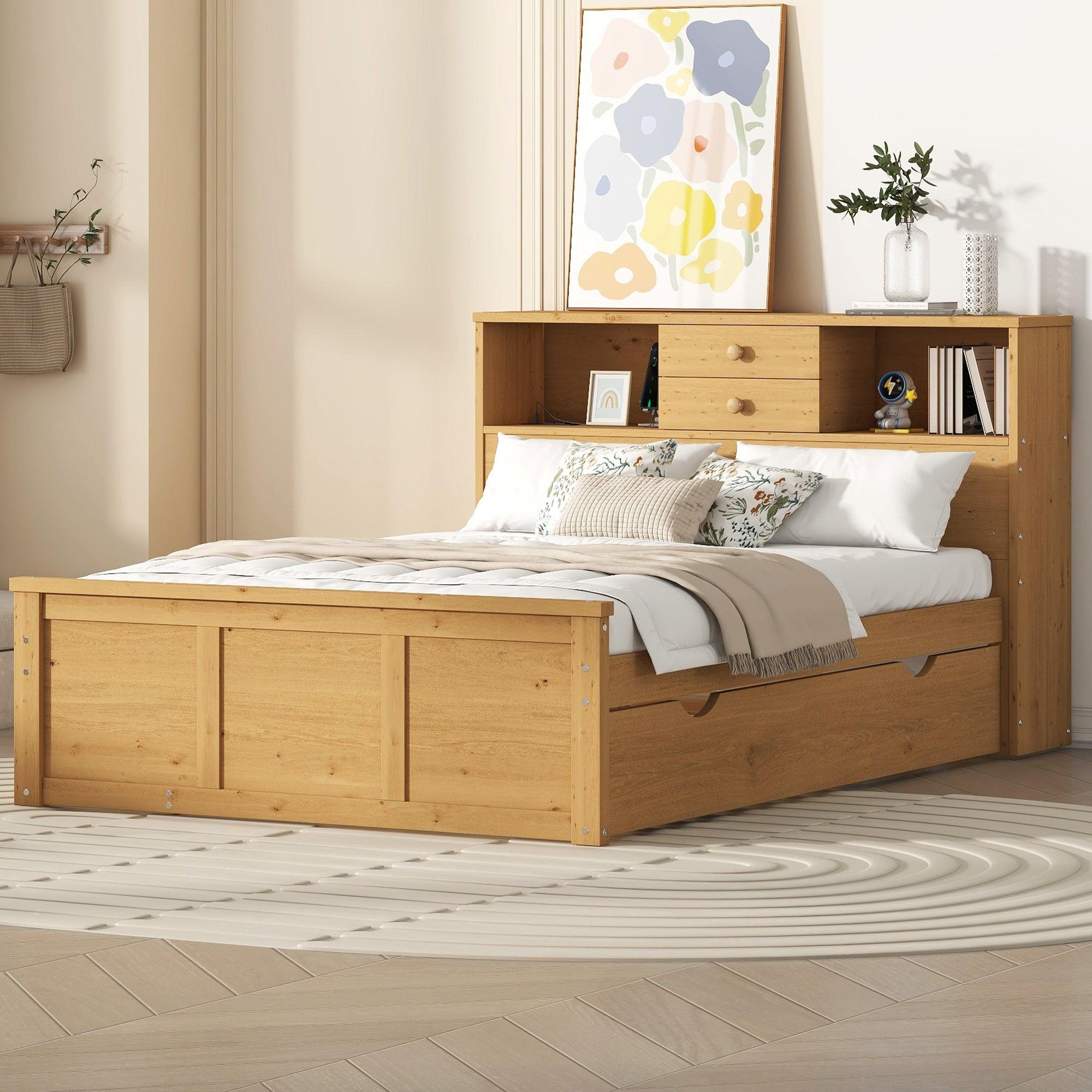 🆓🚛 Full Size Wood Pltaform Bed With Twin Size Trundle, 3 Drawers, Upper Shelves & a Set Of Usb Ports & Sockets, Natural