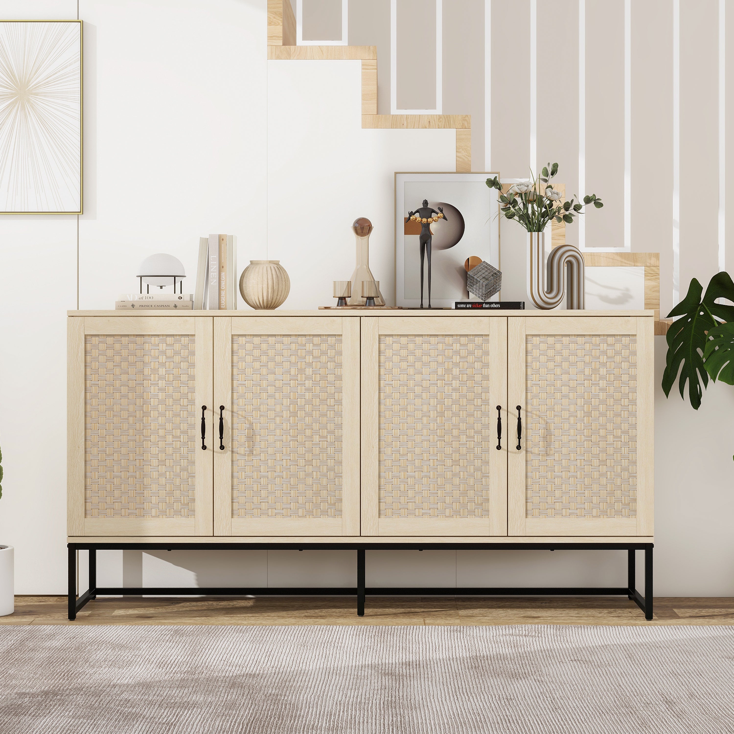 Rattan 4-Door Sideboard, Sideboard Buffet Storage Cabinet, Accent Storage Cabinet, Large Cabinet With 4 Rattan Decorated Doors for Living Room Dining Room