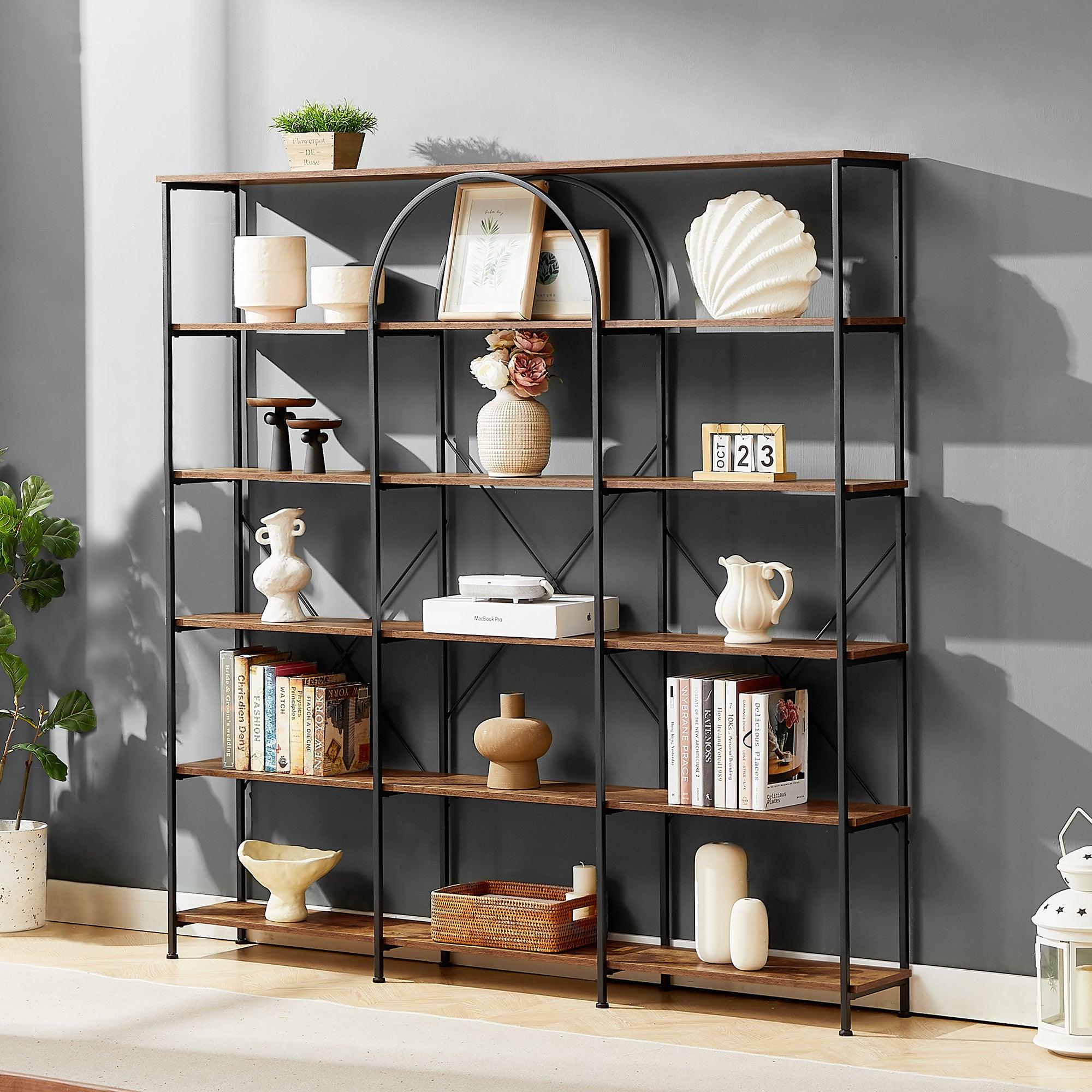 🆓🚛 6 Tier Bookcase Home Office Open Bookshelf, Vintage Industrial Style Shelf With Metal Frame, Mdf Board, Brown