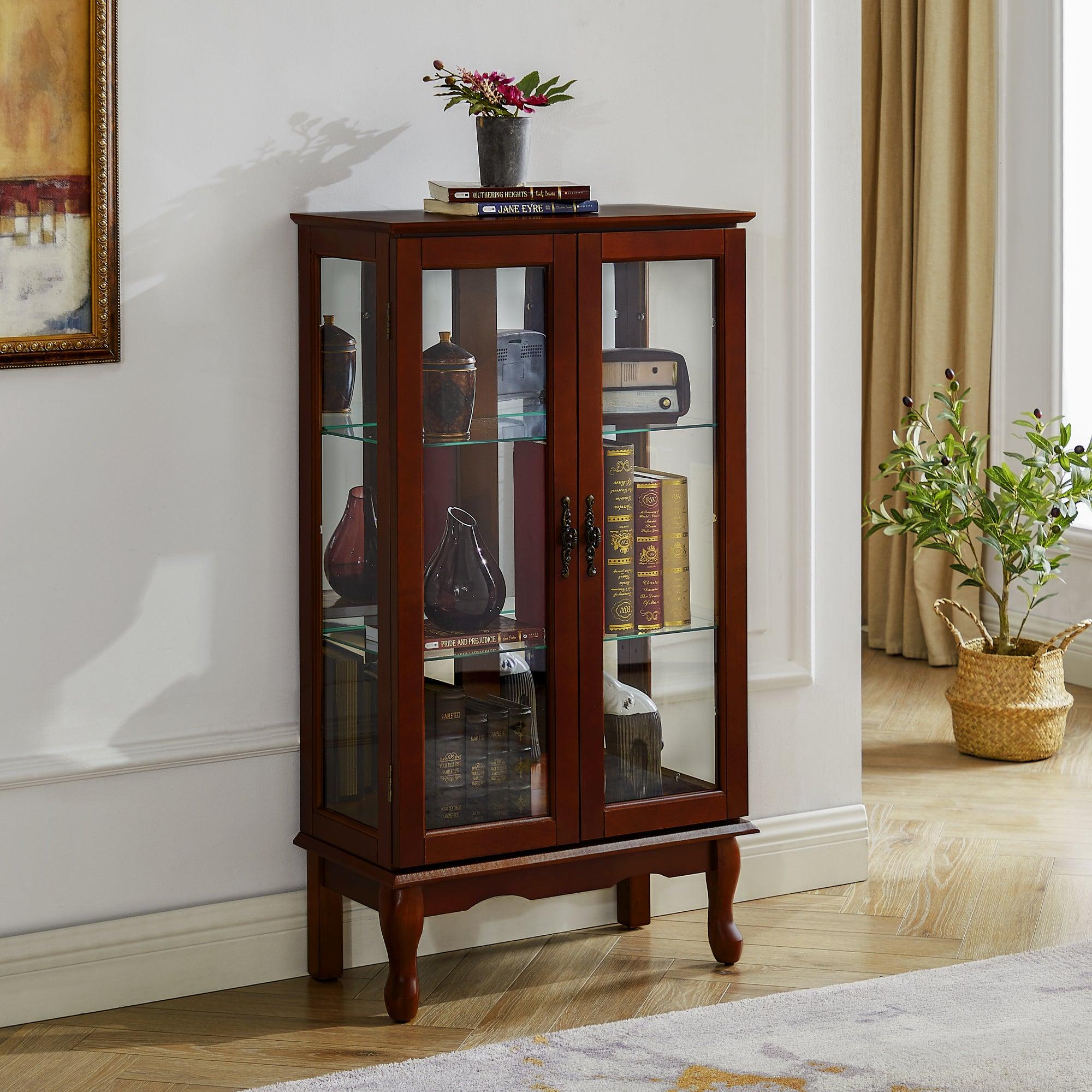 🆓🚛 3 Tier Curio Cabinet Lighted Diapaly Cabinet With Adjustable Shelves & Mirrored Back Panel, Tempered Glass Doors, Cherry, (E26 Light Bulb Not Included)