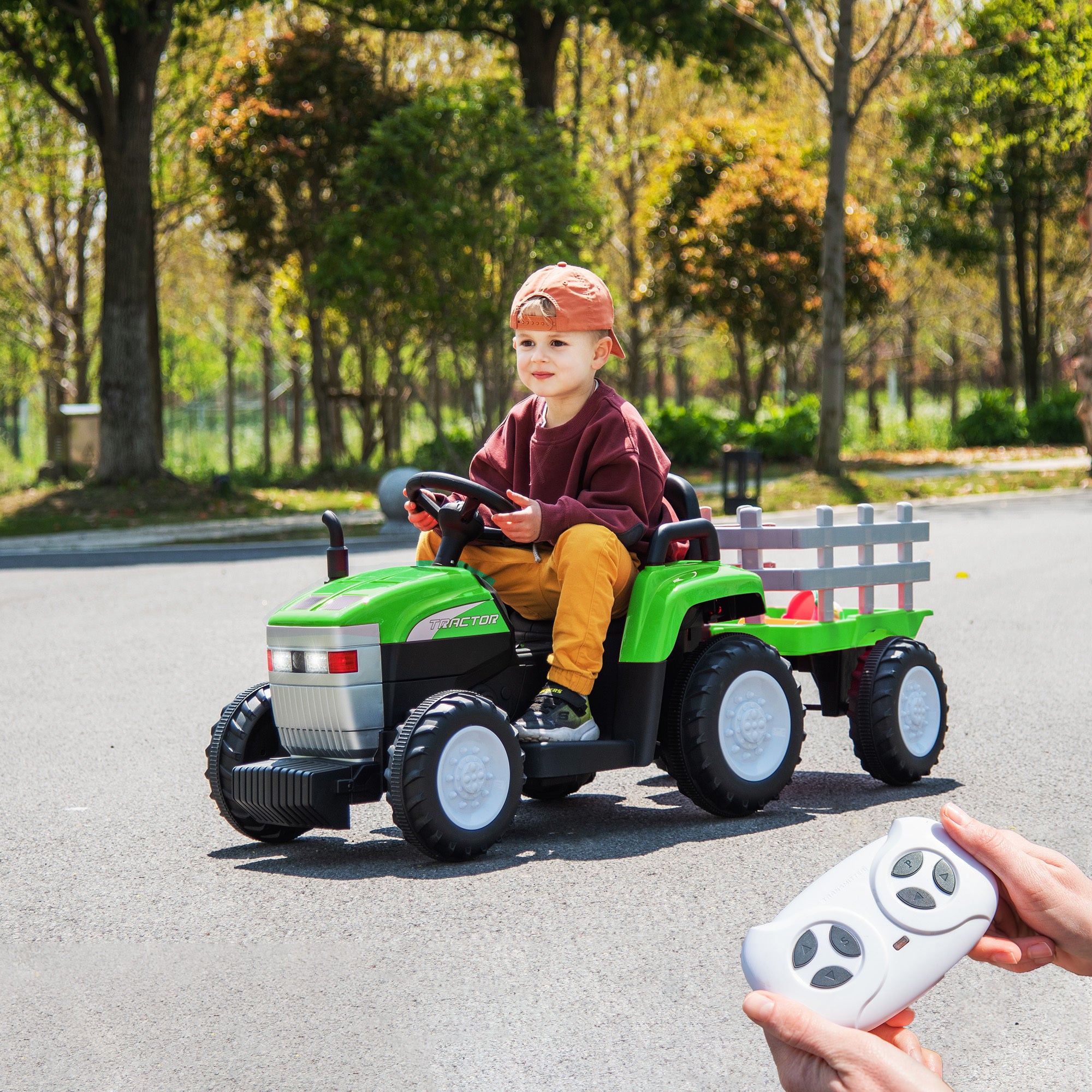 🆓🚛 Green, 12V7Ah Battery-Powered Toy Tractor With Trailer, Remote Control, Kids' Electric Excavator Vehicles With 2X35W Dual Motor, Treaded Tires, Led Lights, Usb, Music, - Gift Childrens Day