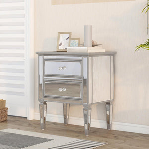 Elegant Mirrored Side Table with 2 Drawers, Modern Silver Finished for Living Room, Hallway, Entryway