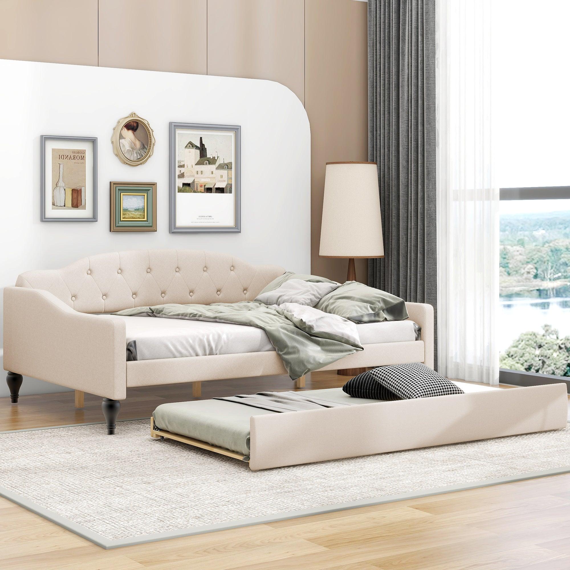 Full Size Upholstered Tufted Daybed with Twin Size Trundle, Beige