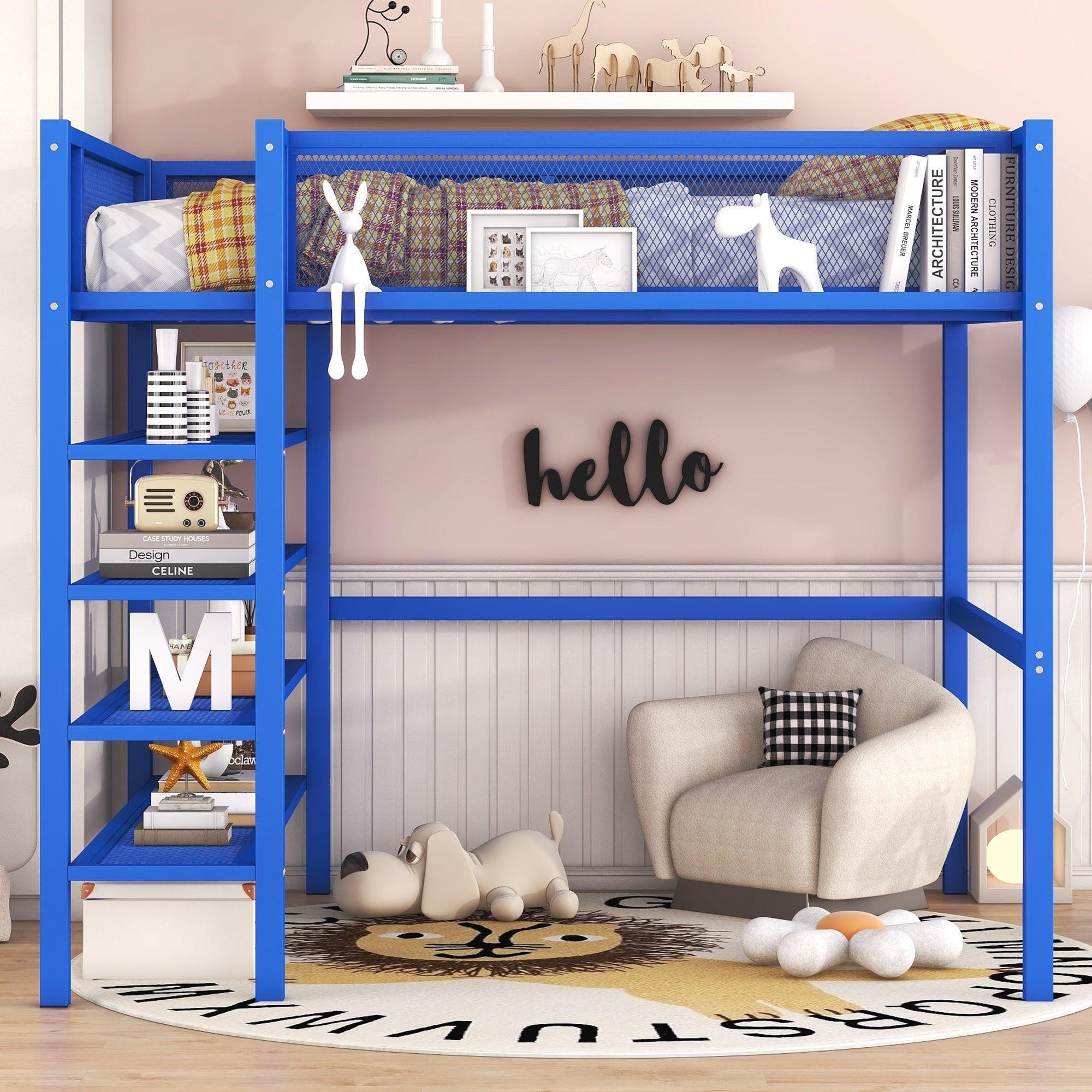 🆓🚛 Full Size Metal Loft Bed With 4-Tier Shelves & Storage, Blue