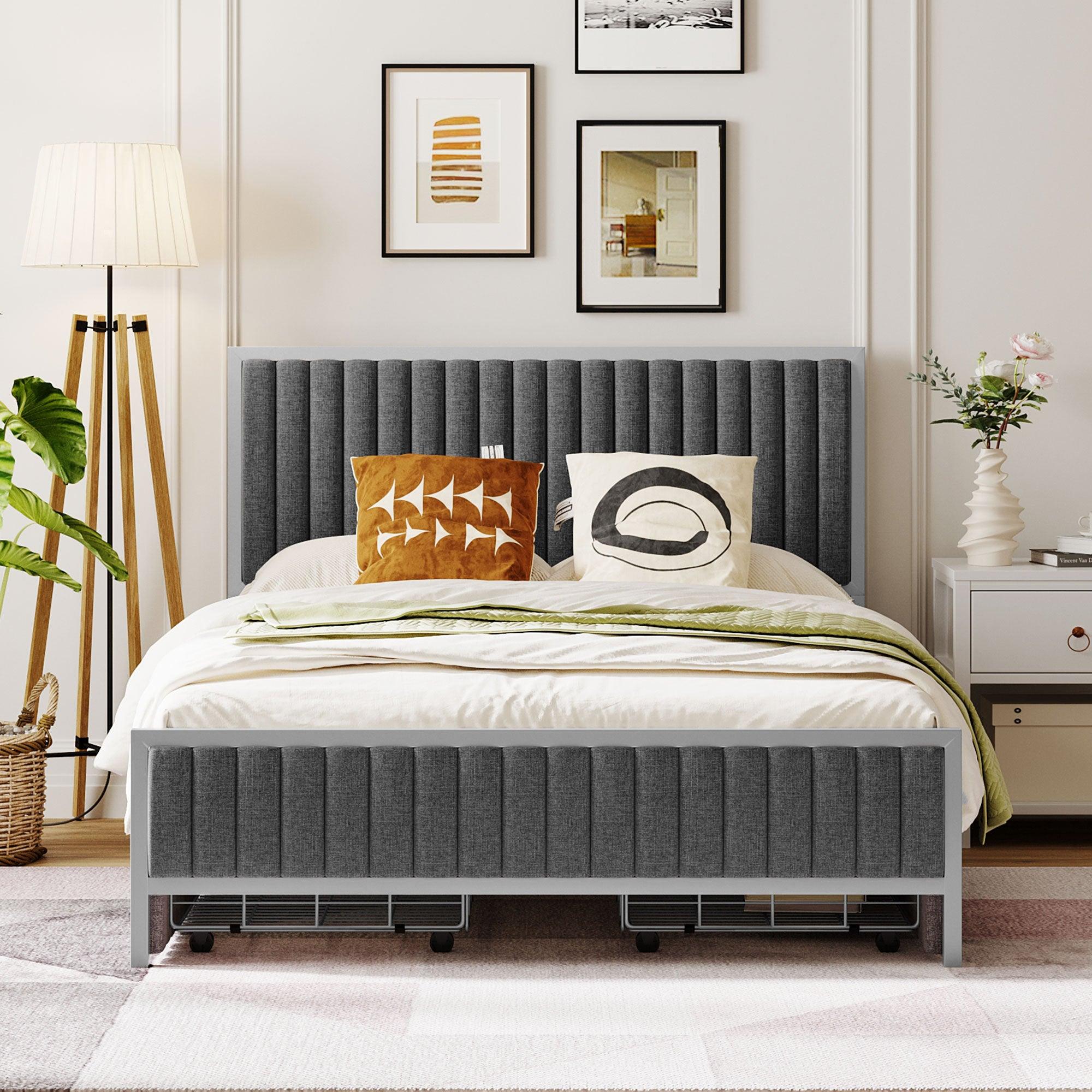 Full Size Metal Frame Upholstered Bed with 4 Drawers, Linen Fabric, Gray