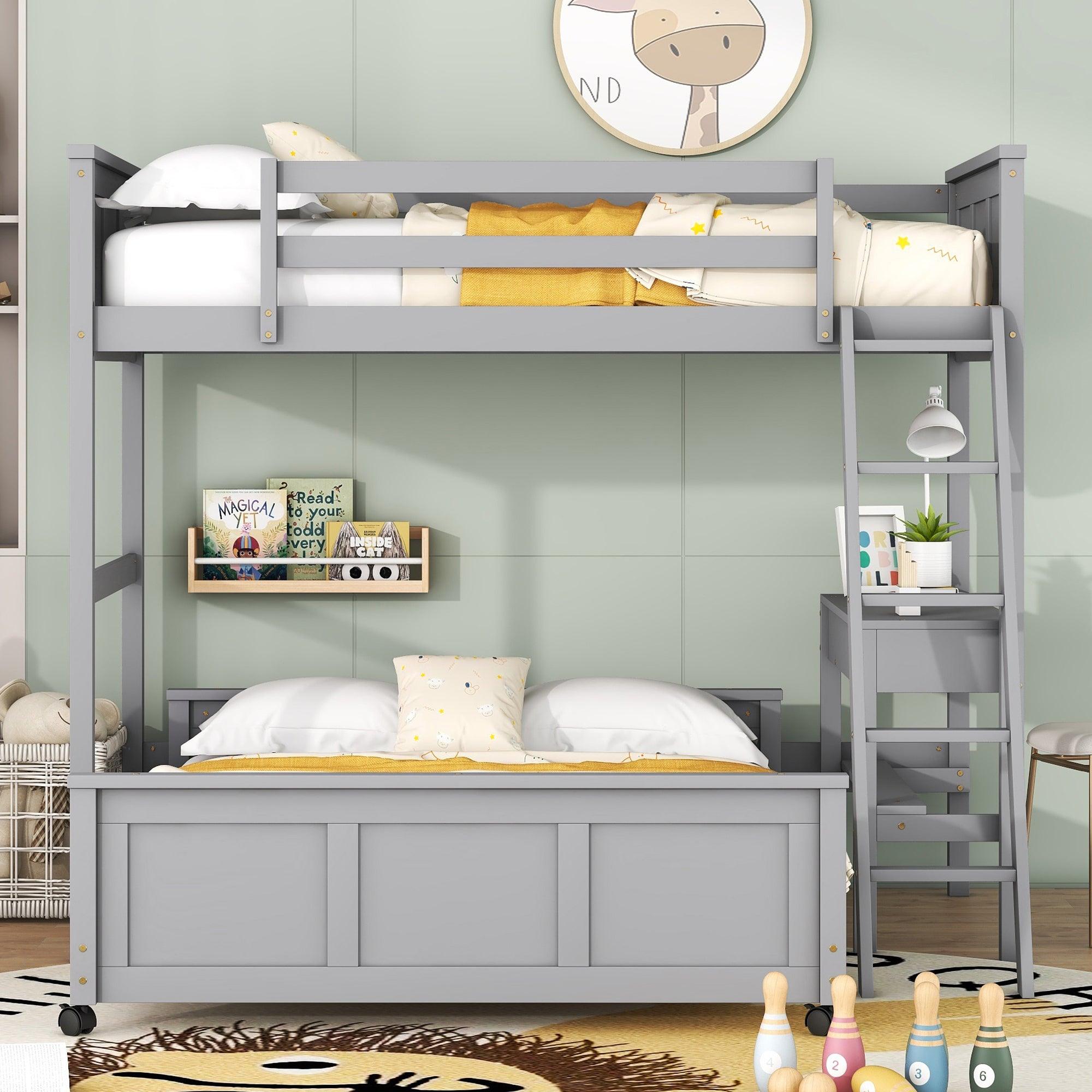 🆓🚛 Twin Over Full Bunk Bed With Desk, Gray