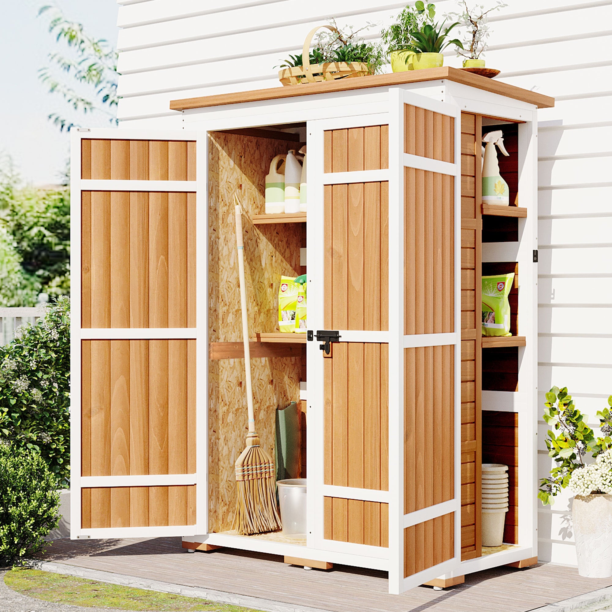 🆓🚛 Outdoor 5.5Ft H x 4.1Ft L Wood Storage Shed, Garden Tool Cabinet With Waterproof Asphalt Roof, Four Lockable Doors, Multiple-Tier Shelves, Natural