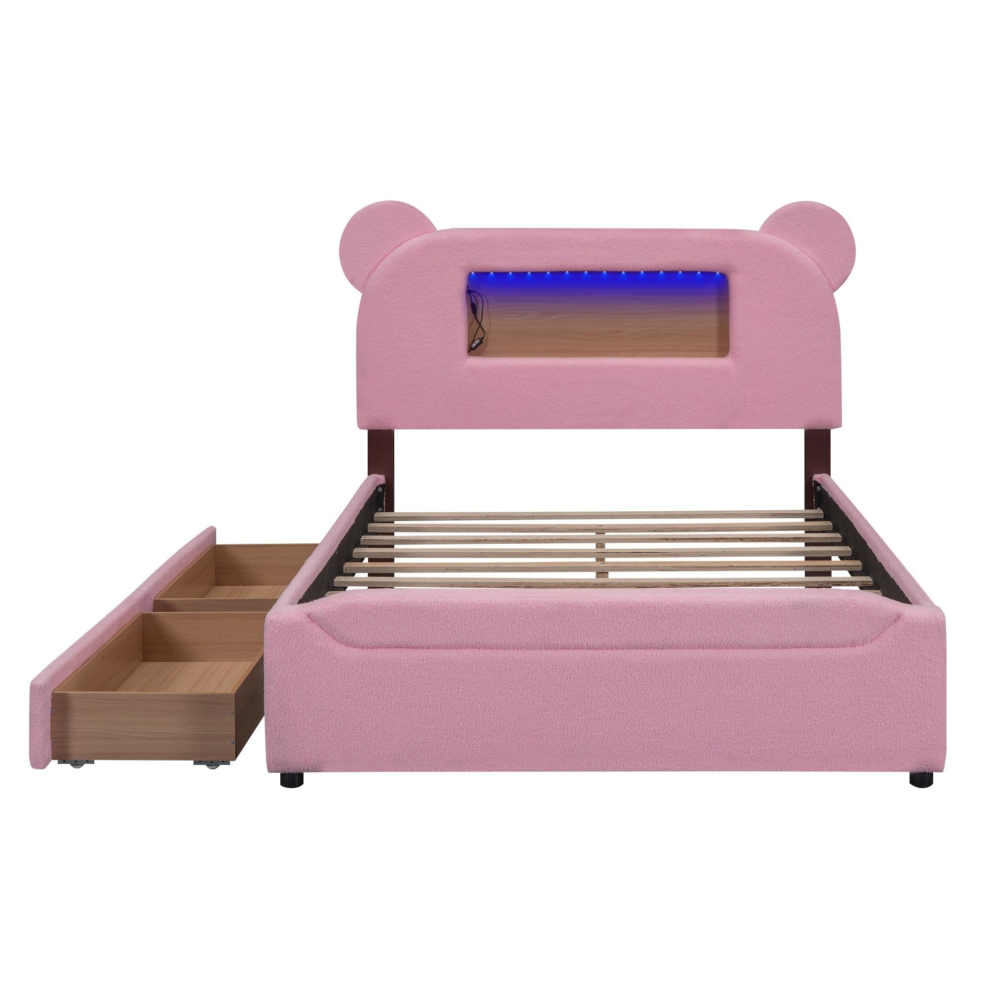 Full Size Upholstered Storage Platform Bed with Cartoon Ears Headboard, LED and USB, Pink