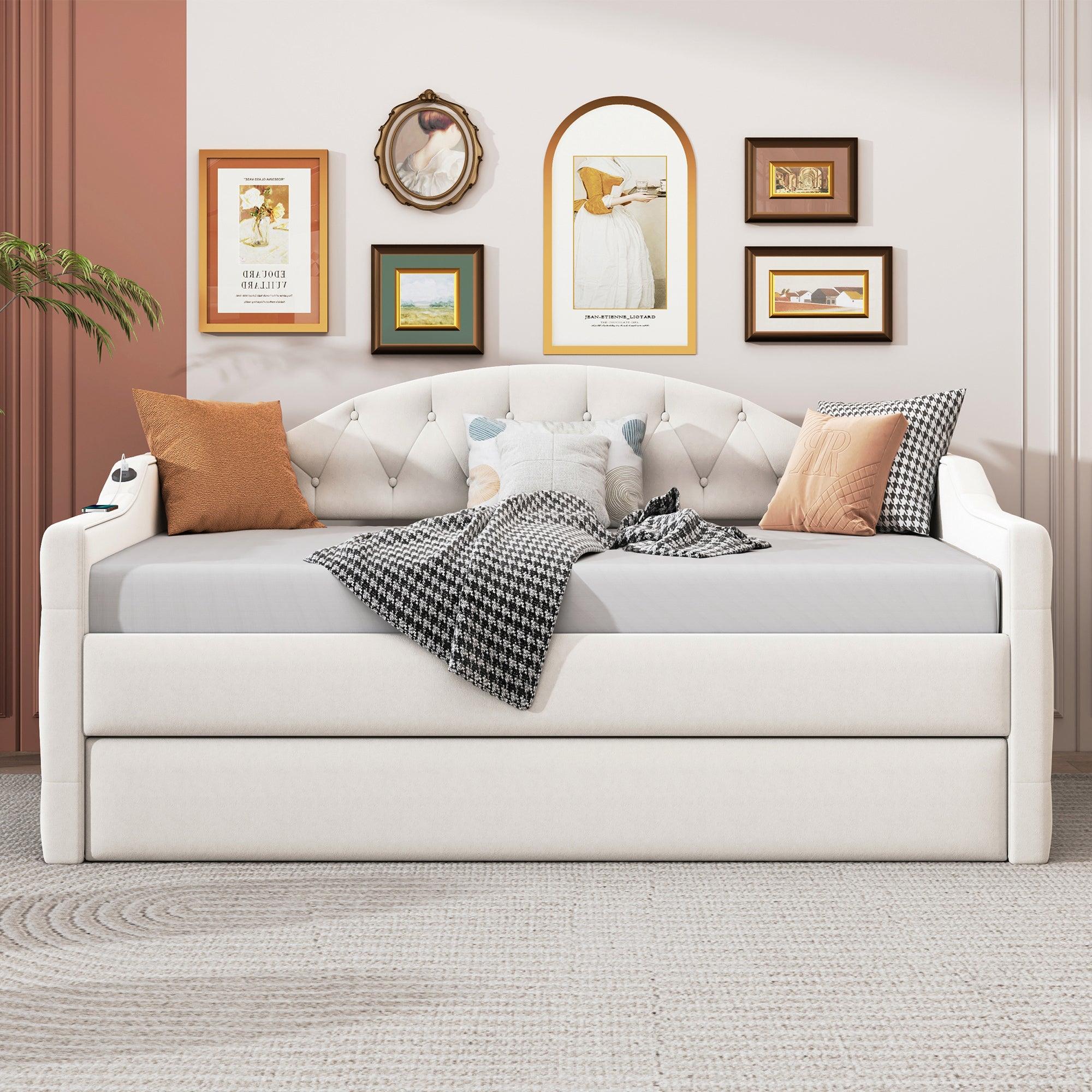 🆓🚛 Twin Size Tufted Upholstered Daybed With Trundle, Usb Type-C Charging Ports, Beige