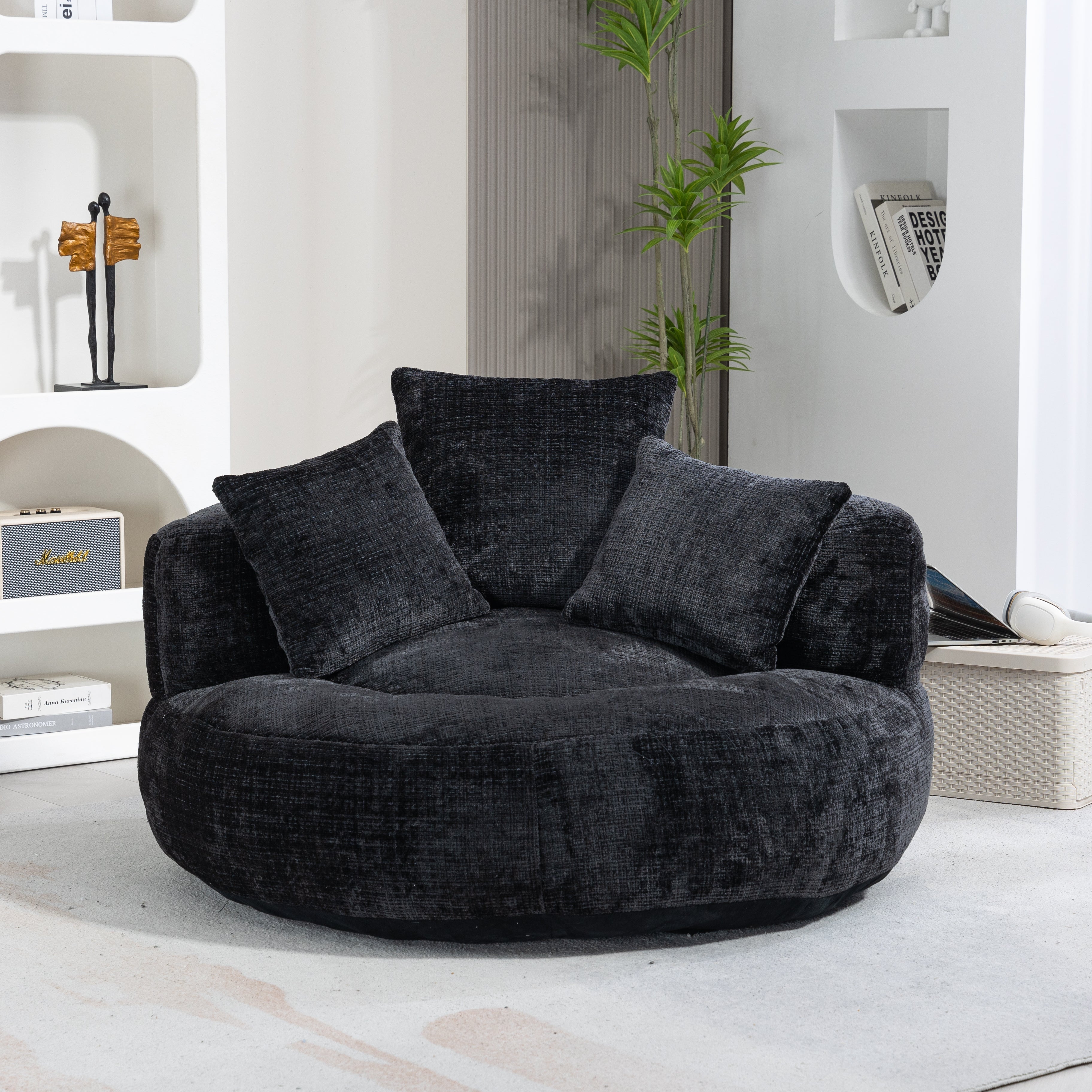 Lazy Sofa Durable Comfort Lounger High Back Bean Bag Chair Couch With Three Pillows for Adults and Kids, Indoor & Outdoor,  Single Gaming Sofa Chair For Bedroom & Office, Black Chenille