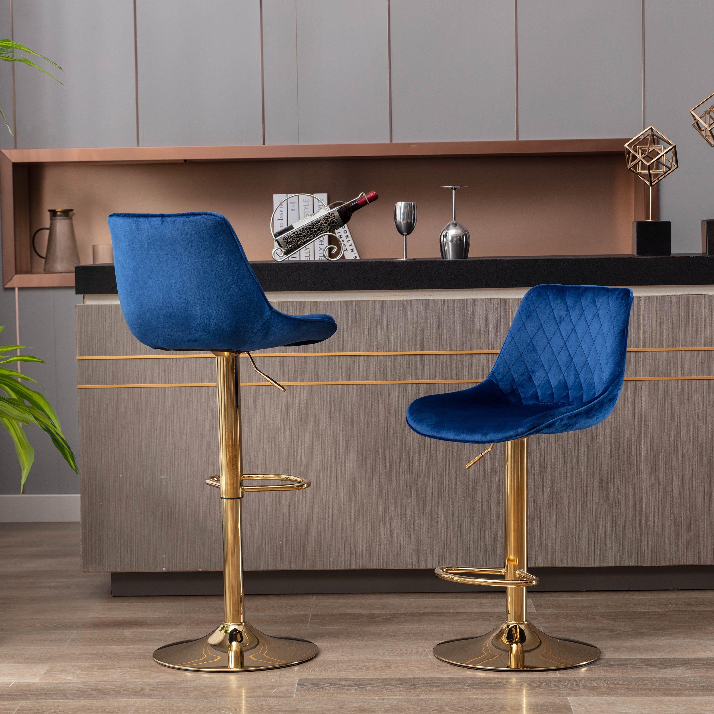 🆓🚛 Set Of 2 Bar Stools, With Chrome Footrest & Base Swivel Height Adjustable Mechanical Lifting Velvet + Golden Leg Simple Bar Stool-Blue