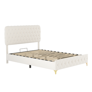 Full Platform Bed Frame With pneumatic hydraulic function, Velvet Upholstered Bed with Deep Tufted Buttons, Lift up storage bed With Hidden Underbed Oversized Storage, BEIGE