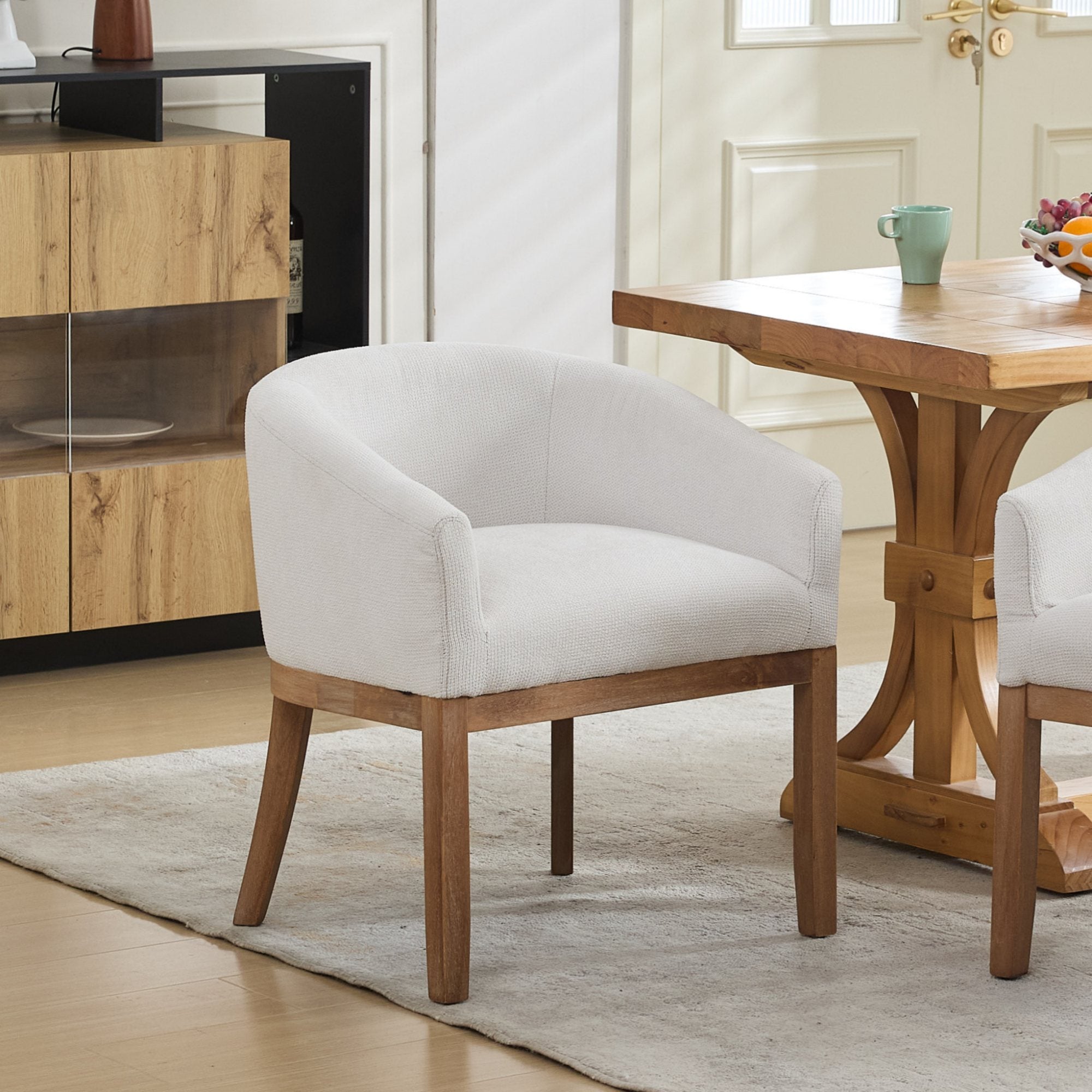 Mid Century Modern Upholstered Barrel Dining Chairs with Arms, Farmhouse Linen Kitchen & Dining Room Chairs with Natural Hardwood Frame, 19' W Accent Chairs for Living Room, Single Pack, Beige, SW1891BG