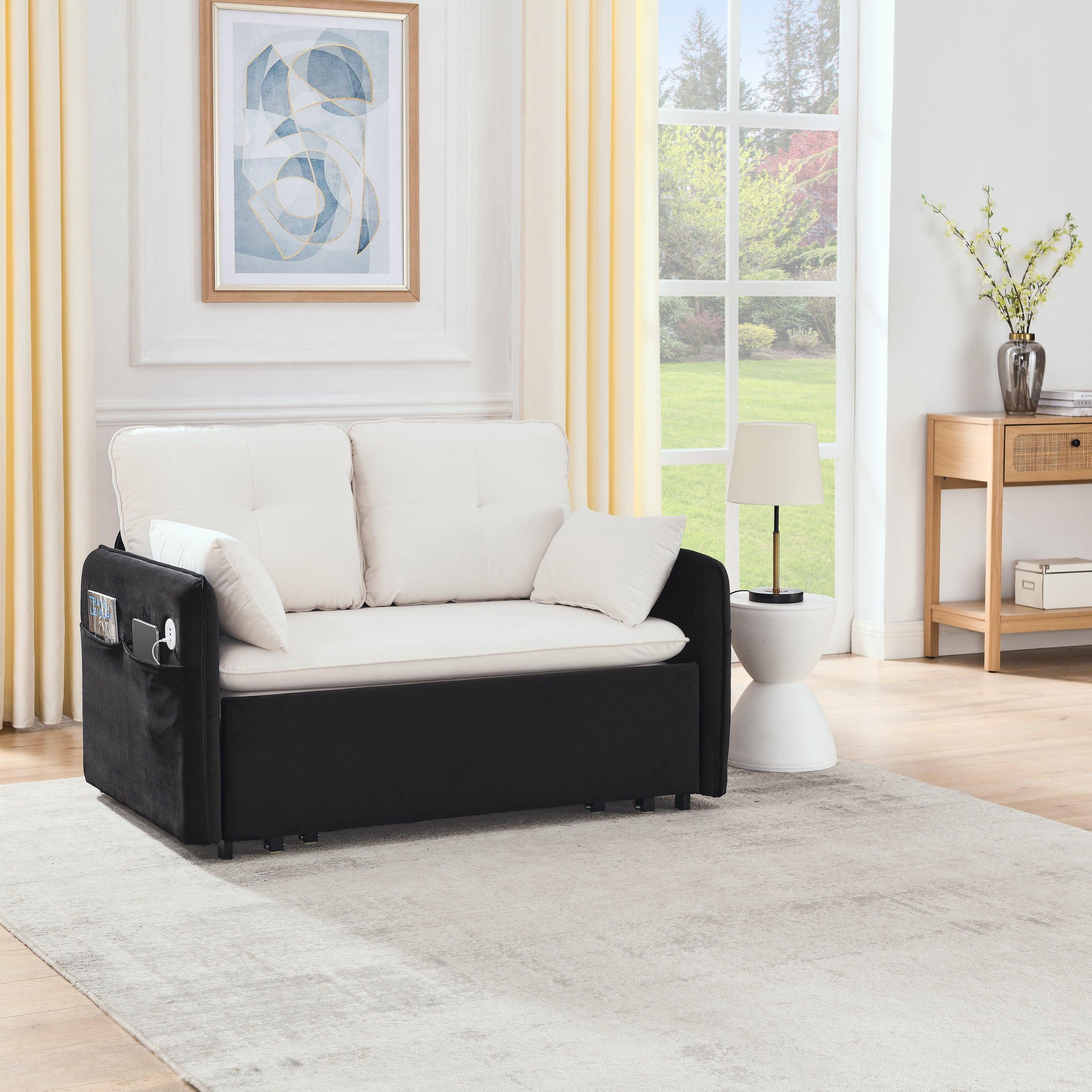 🆓🚛 53" Modern Convertible Sofa Bed W/2 Removable Armrests W/Usb Power Port, Velvet Recliner Adjustable Sofa W/Head Pull-Out Bed, 2 Pillows, for Living Room Apartment Etc., White-Black