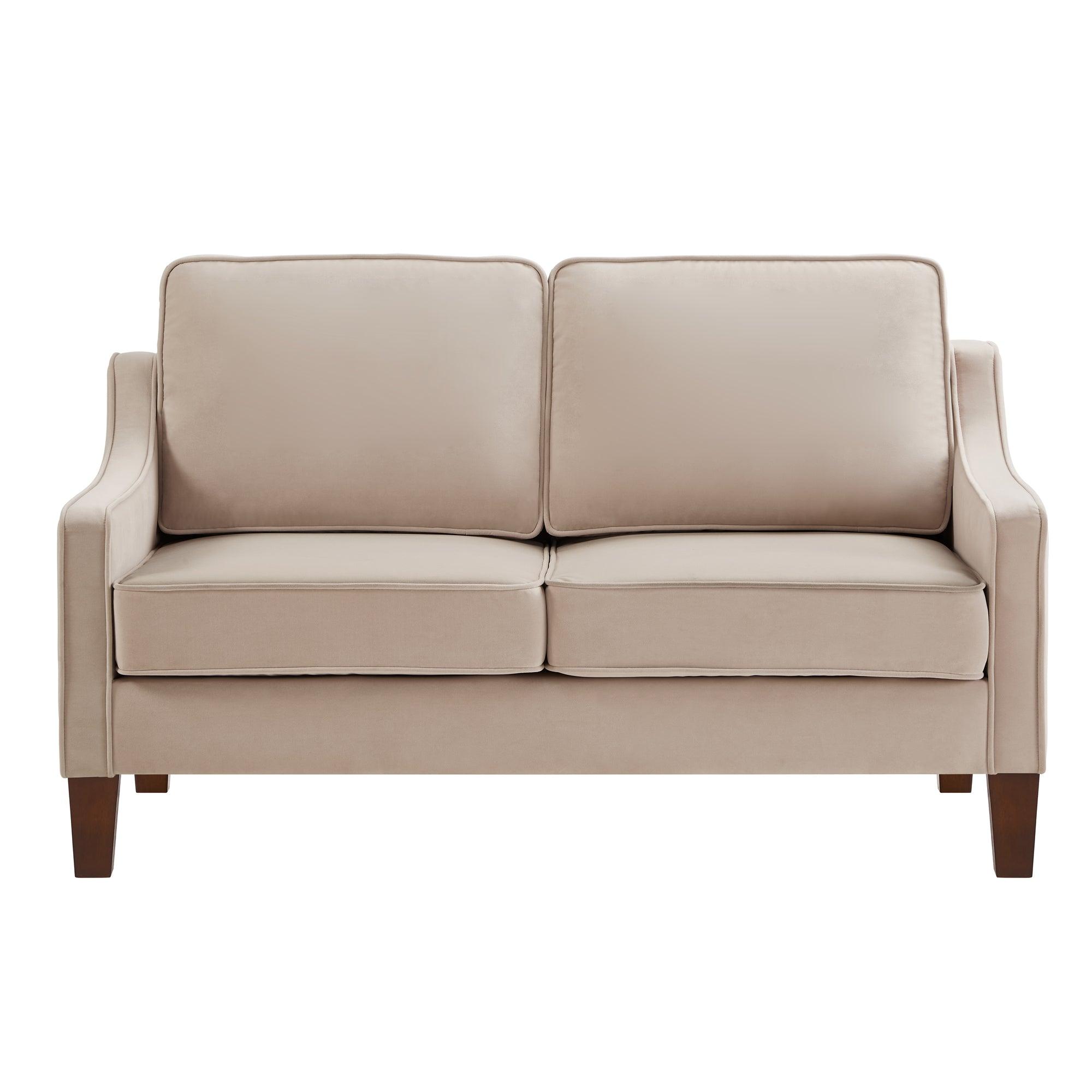 🆓🚛 Modern Loveseat Sofa for Living Room, Upholstered Velvet Small Couch With Wooden Legs for Livingroom Bedroom, Taupe