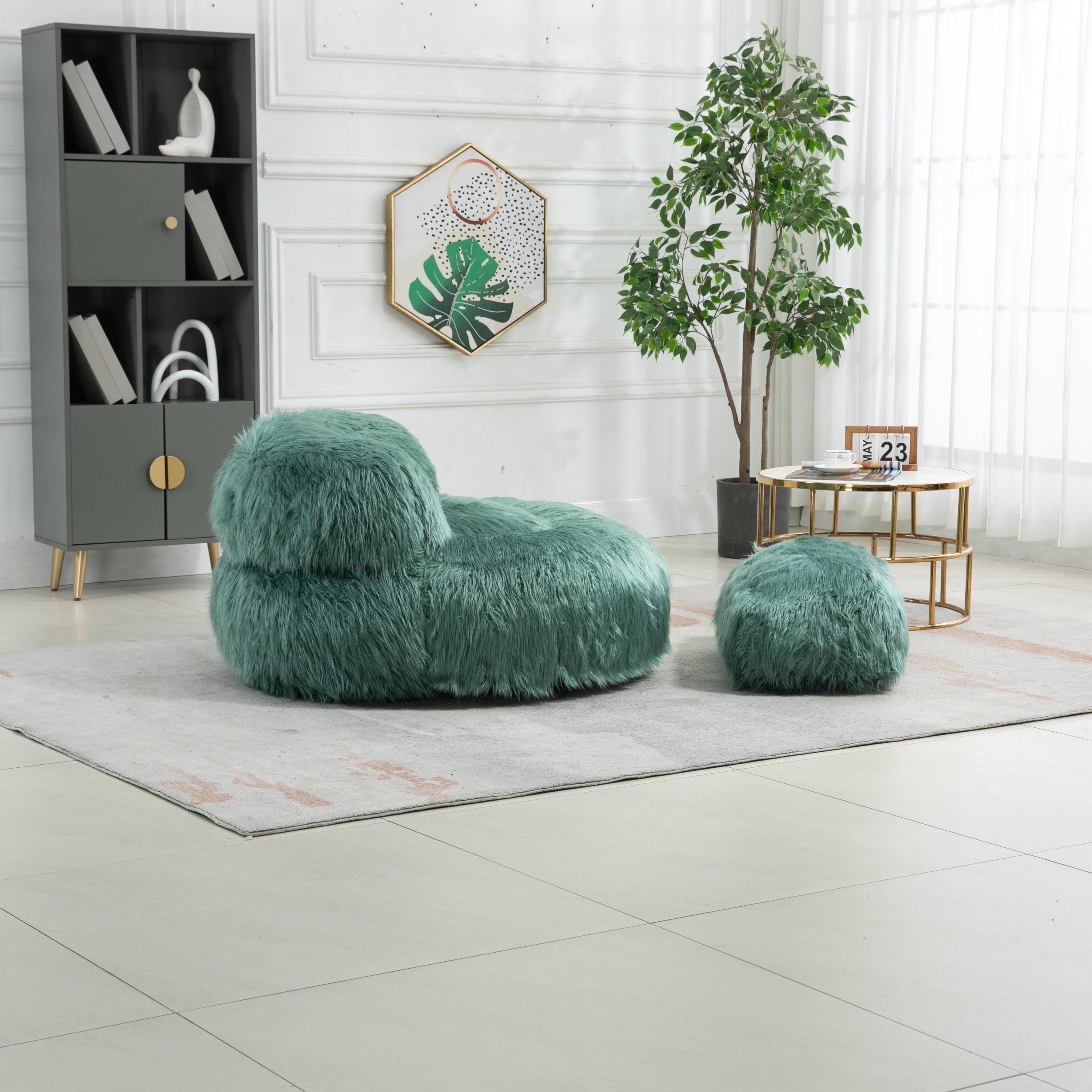 Gramanda 2-In-1 Bean Bag Chair Faux Fur Lazy Sofa & Ottoman Footstool For Adults And Kids - Green