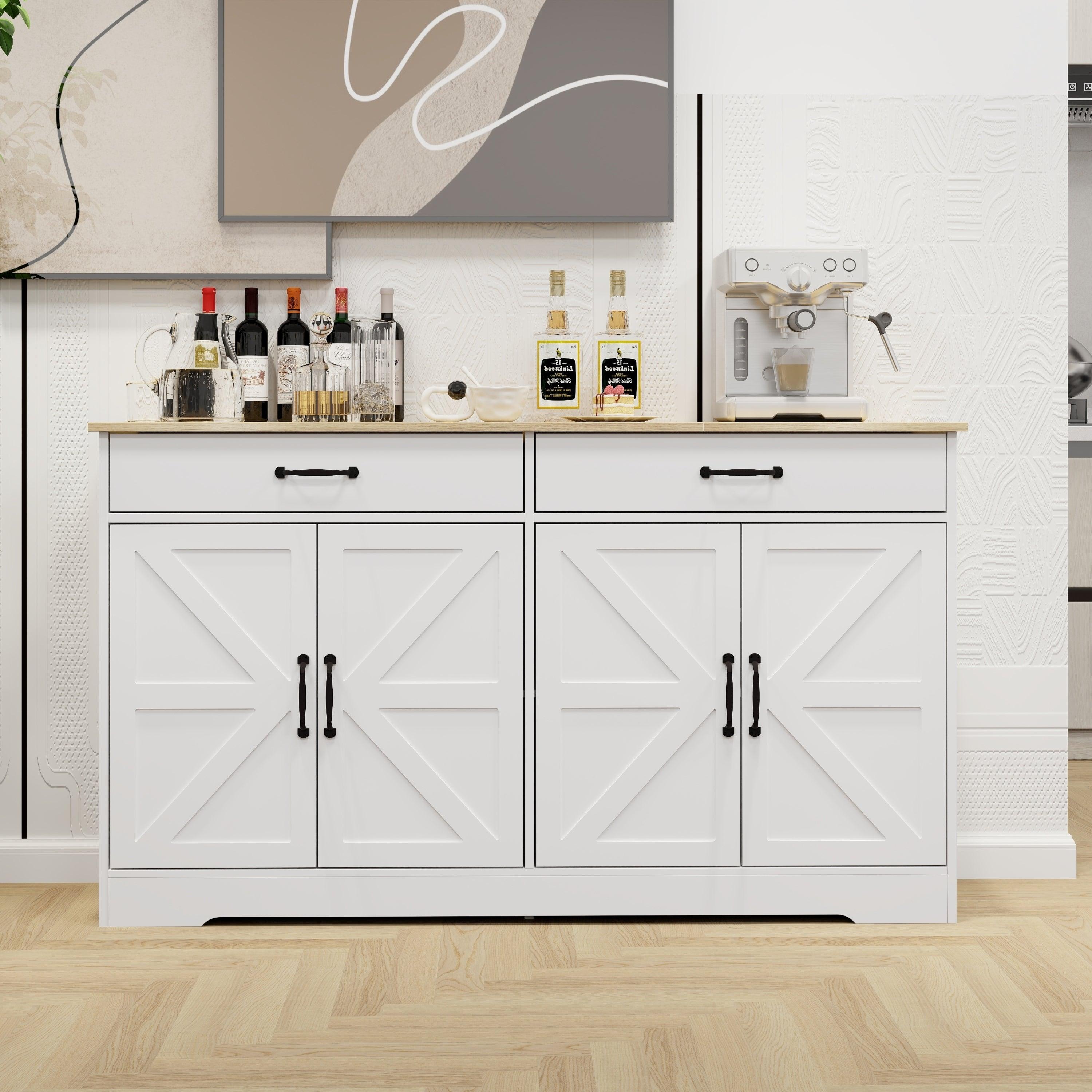 🆓🚛 55.91" Large Farmhouse Buffet Cabinet Storage Sideboard With 2 Drawers & 4 Doors for Dining Living Room Kitchen Cupboard-White