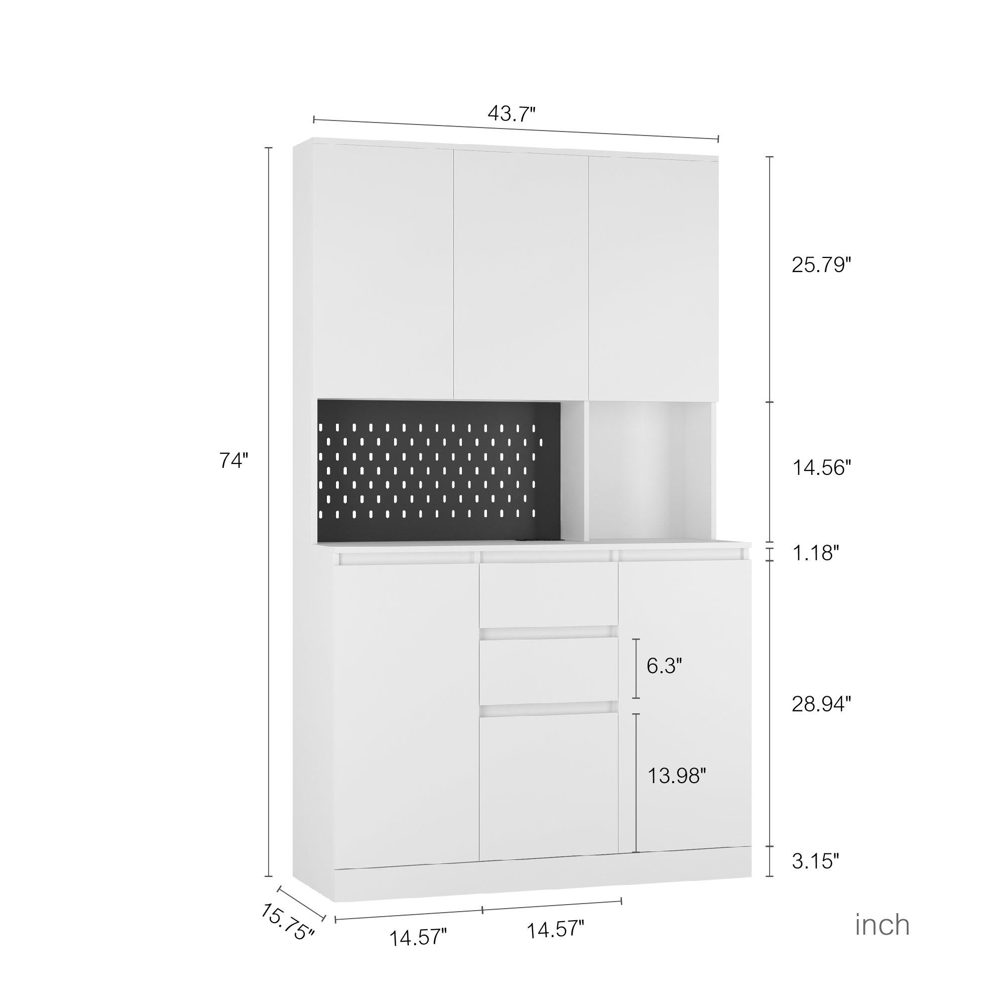 74" Freestanding Kitchen Pantry Cabinet With Hutch With AC Outlets & USB Ports