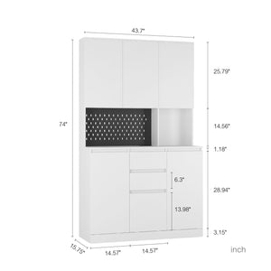 74" Freestanding Kitchen Pantry Cabinet With Hutch With AC Outlets & USB Ports