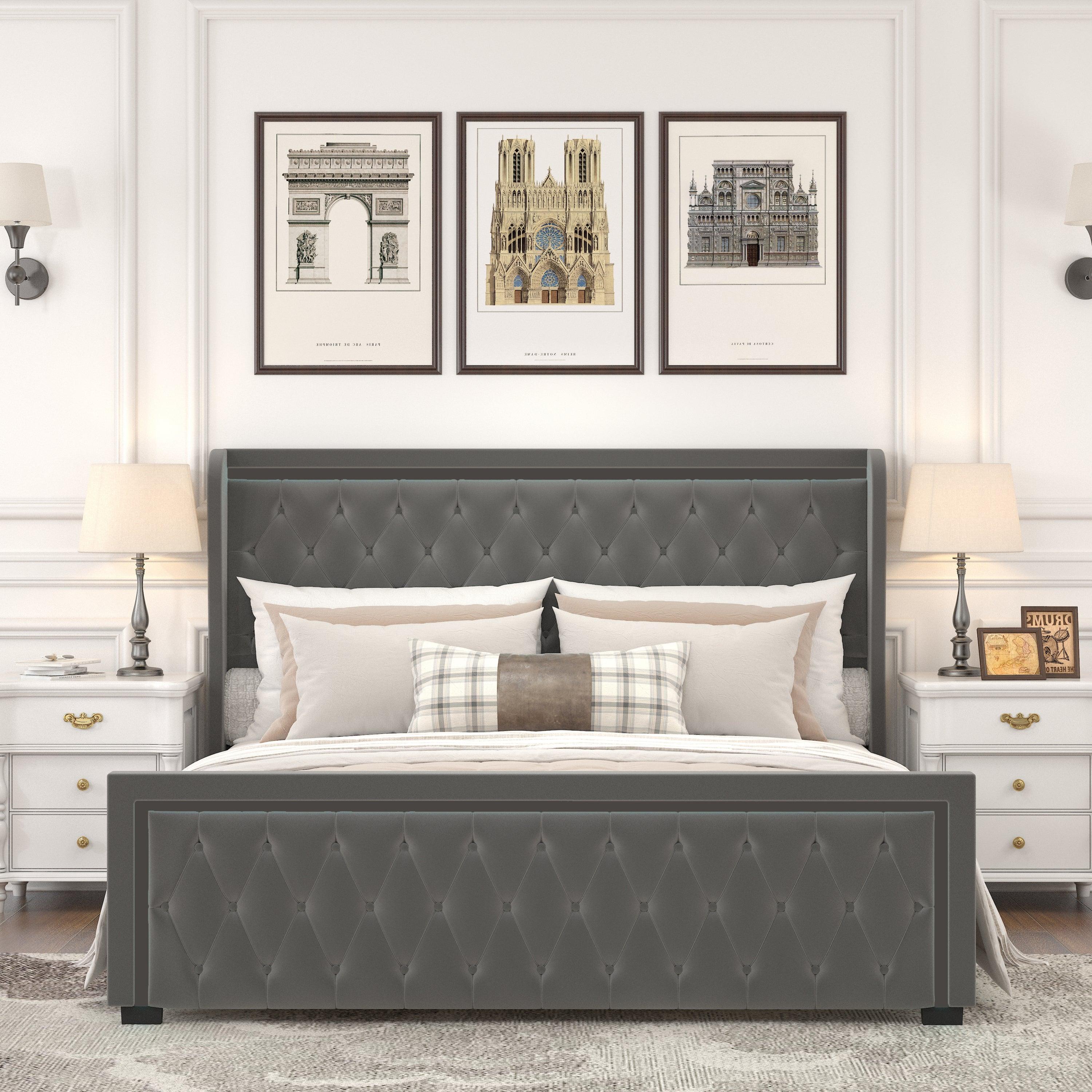 🆓🚛 Queen Platform Bed Frame With High Headboard, Velvet Upholstered Bed With Deep Tufted Buttons, Adjustable Colorful Led Light Decorative Headboard, Wide Wingbacks, Gray