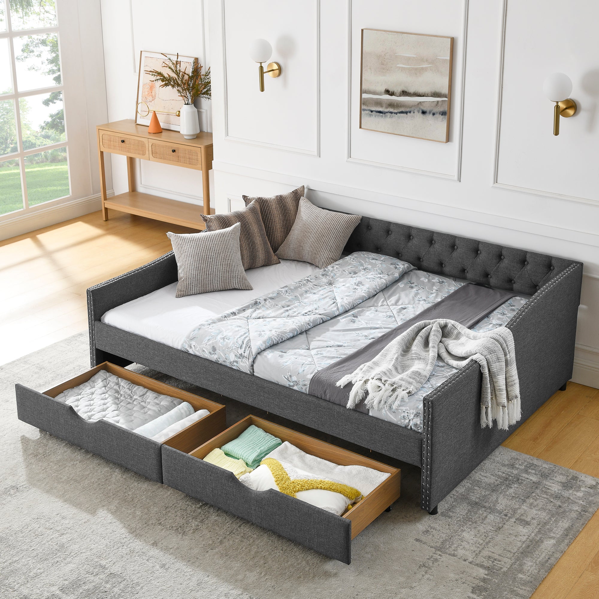 🆓🚛 Queen Size Daybed with Drawers Upholstered Tufted Sofa Bed with Button on Back and Copper Nail on Waved Shape Arms(84.5"x63.5"x26.5"), Dark Gray