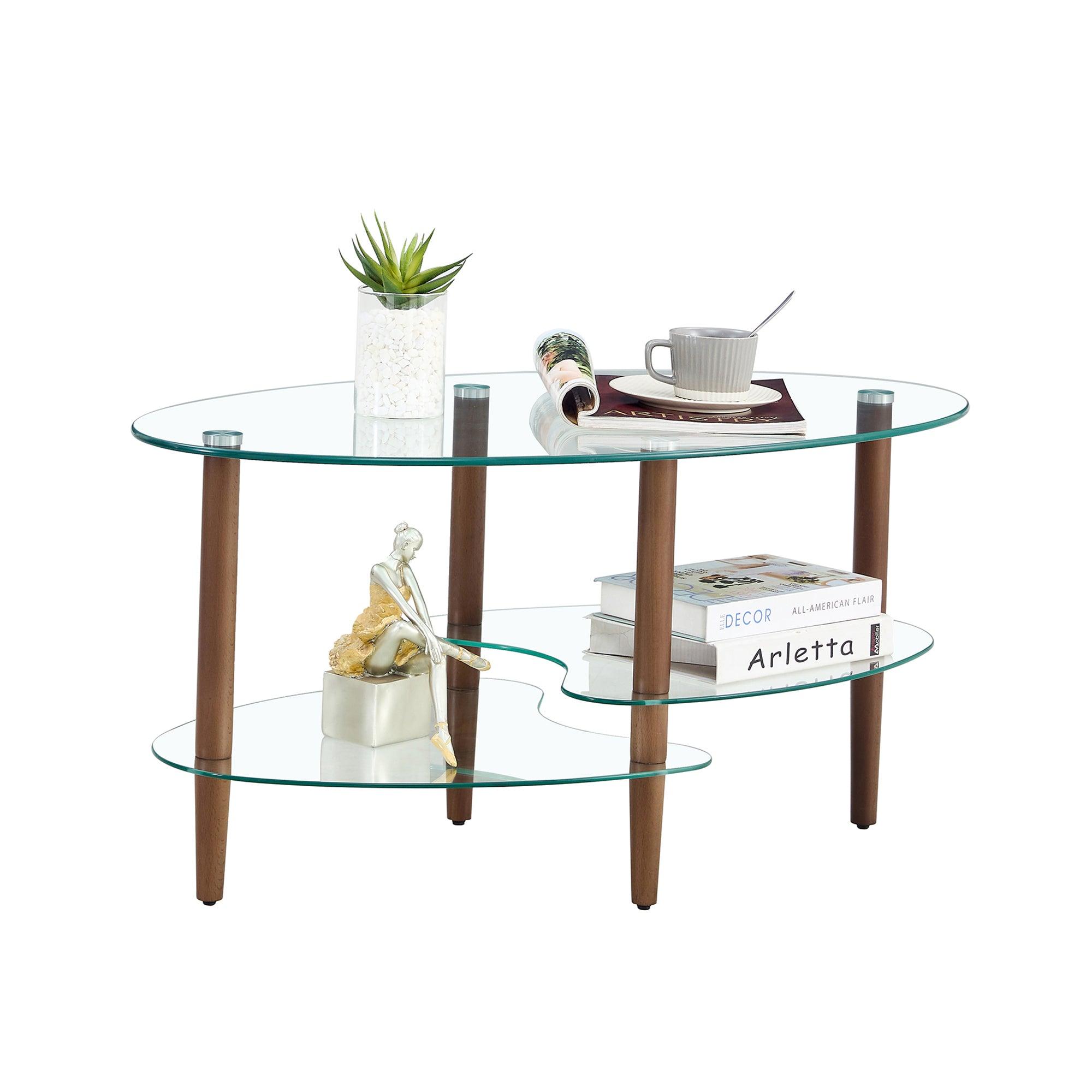 🆓🚛 Transparent Oval Glass Coffee Table, Modern Table in Living Room Oak Wood Leg Tea Table 3-Layer Glass Table