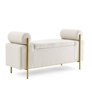 Elegant Upholstered Linen Storage Bench with Cylindrical Arms and Iron Legs for Hallway Living Room Bedroom, Beige