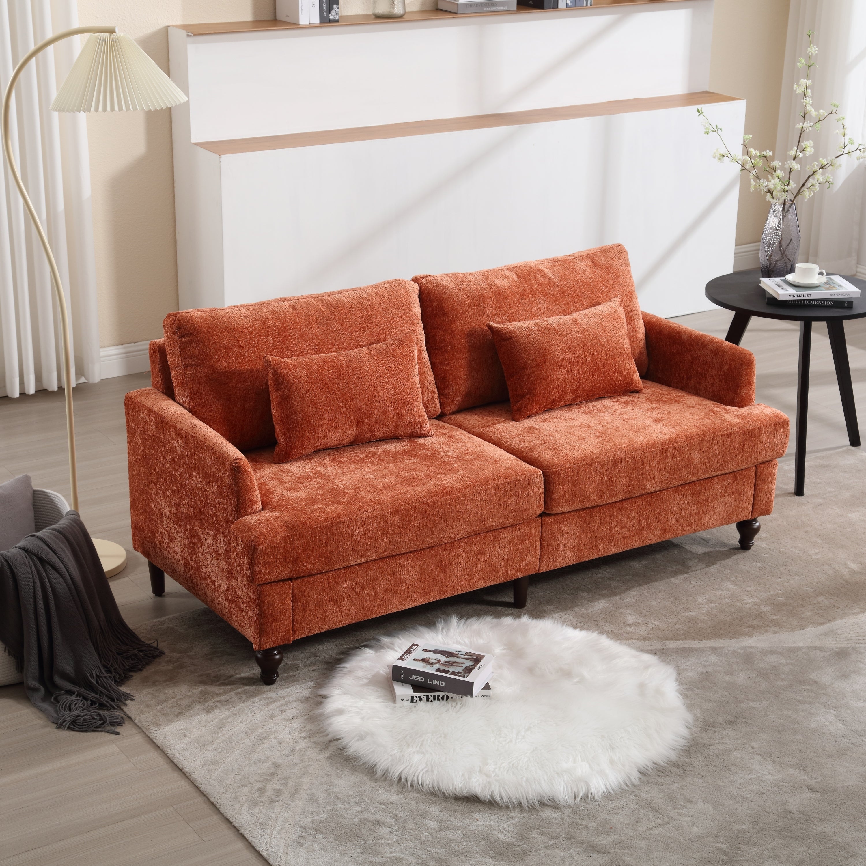 🆓🚛 68.9" Modern Chenille Fabric Loveseat, 2-Seat Upholstered Loveseat Sofa Modern Couch, Orange