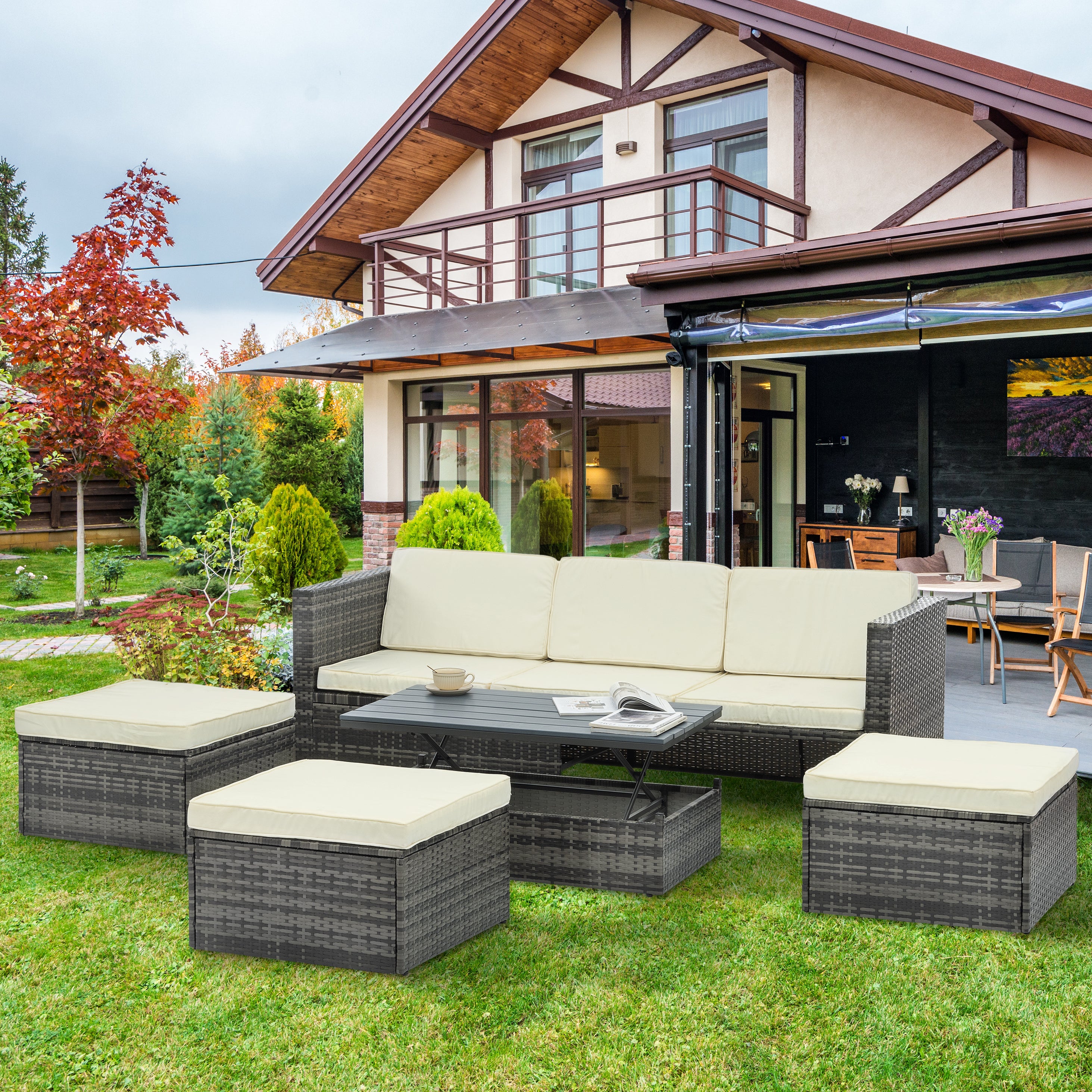 🆓🚛 5 Pcs Patio Furniture Conversation Sofa Set, 1 3-Seater-Sofa 3 Ottomans & 1 Coffee Table, White/Yellow Cushions