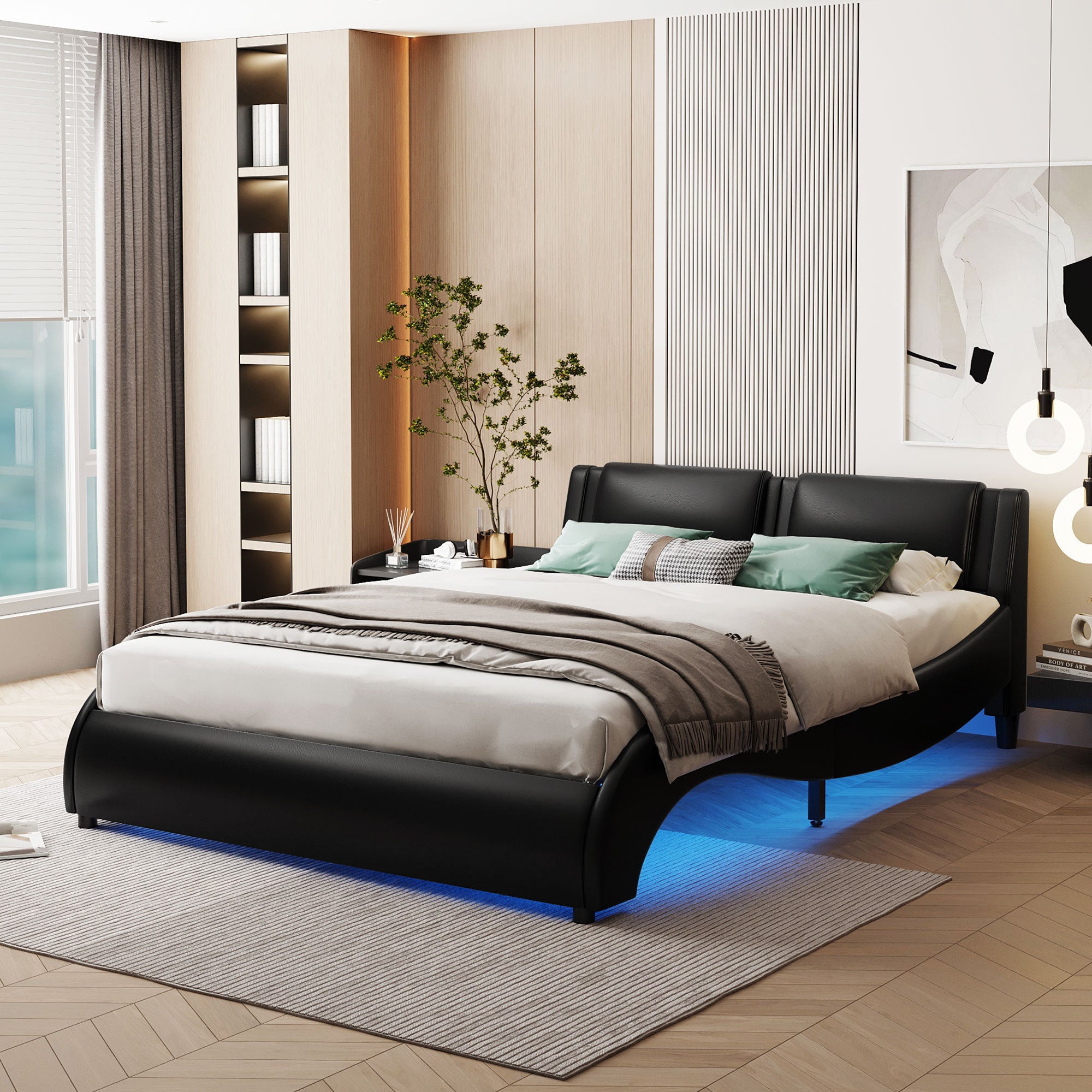 Full Size Upholstered Faux Leather Platform Bed with LED Light Bed Frame with Slatted, Black