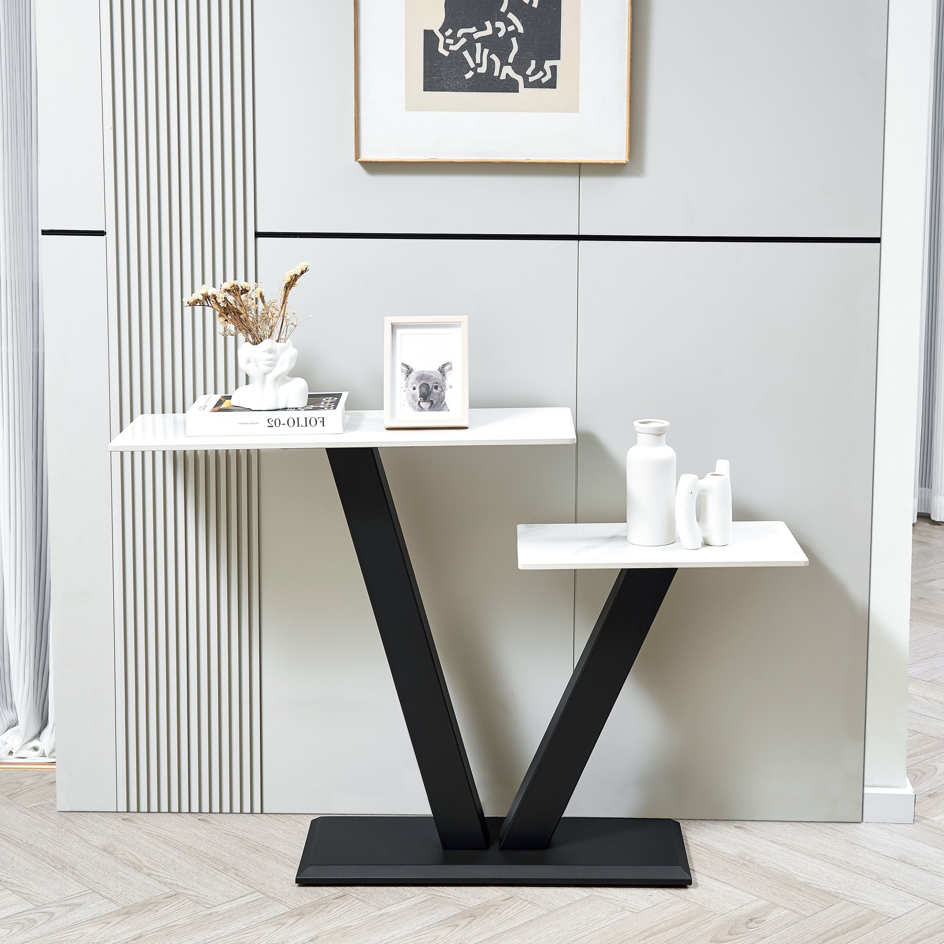 47.2" Modern Console Table, Exquisite Shape Design, Metal Frame With Adjustable Foot Pads for Entrance, Corridor, Living Room & Office (Black)