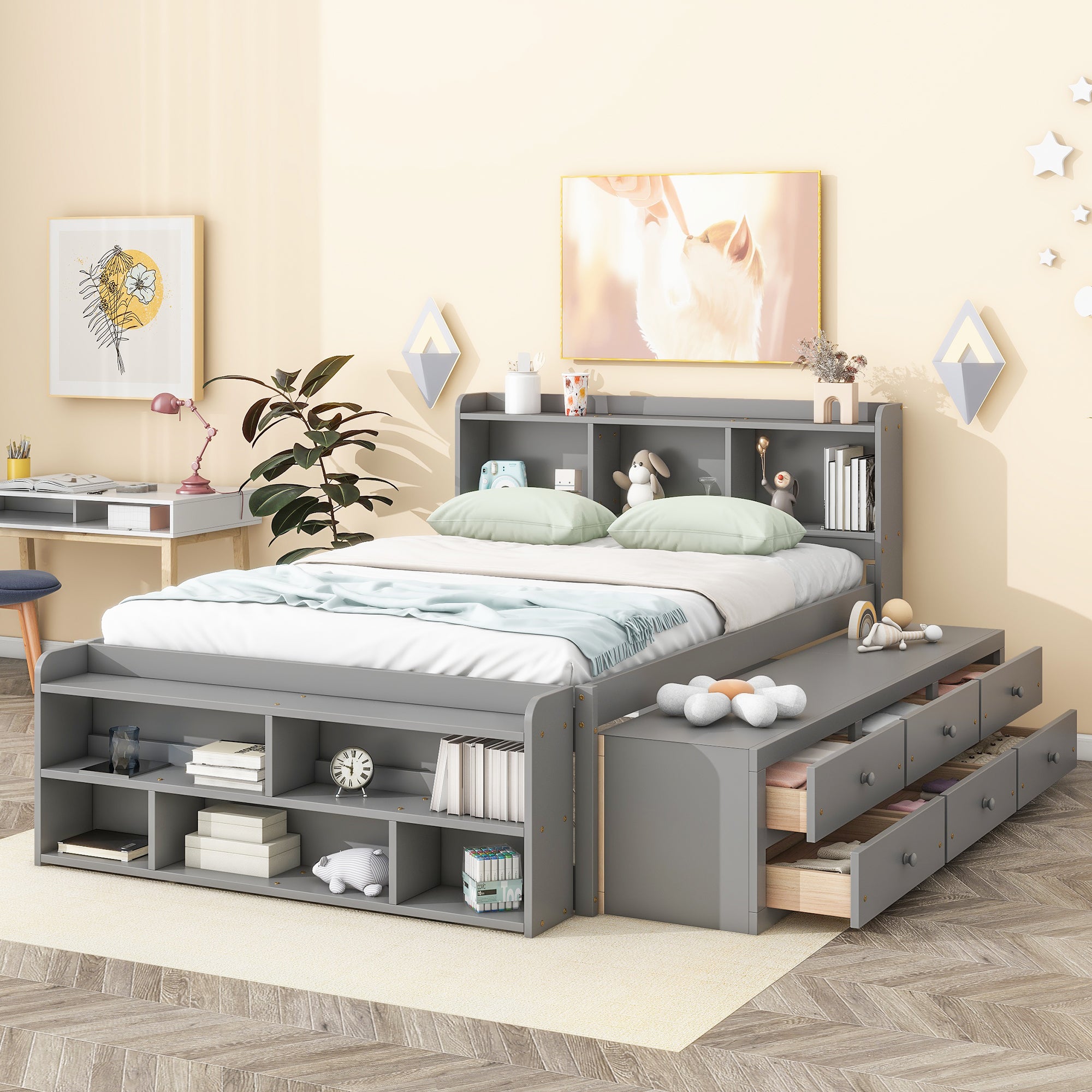 🆓🚛 Full Bed With Bookcase Headboard, Under Bed Storage Drawers and Bed End Storage Case, Gray
