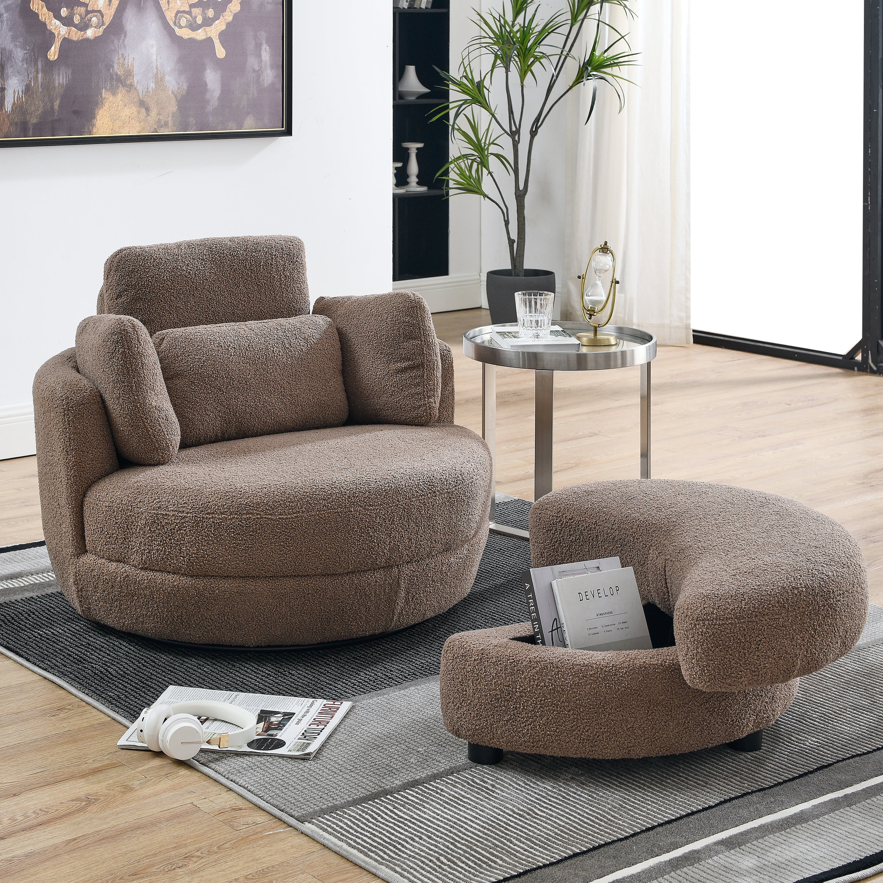 39"W Oversized Swivel Chair With Moon Storage Ottoman for Living Room, Modern Accent Round Loveseat Circle Swivel Barrel Chairs for Bedroom Cuddle Sofa Chair Lounger Armchair, 4 Pillows, Teddy Fabric