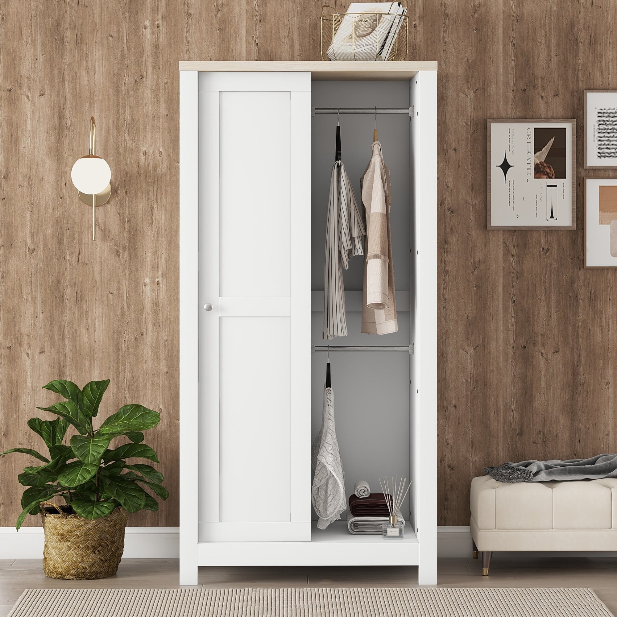 Bedroom Storage Wardrobe with Hanging Rods and 2 Drawers and Open Shelves, Sliding Door, White