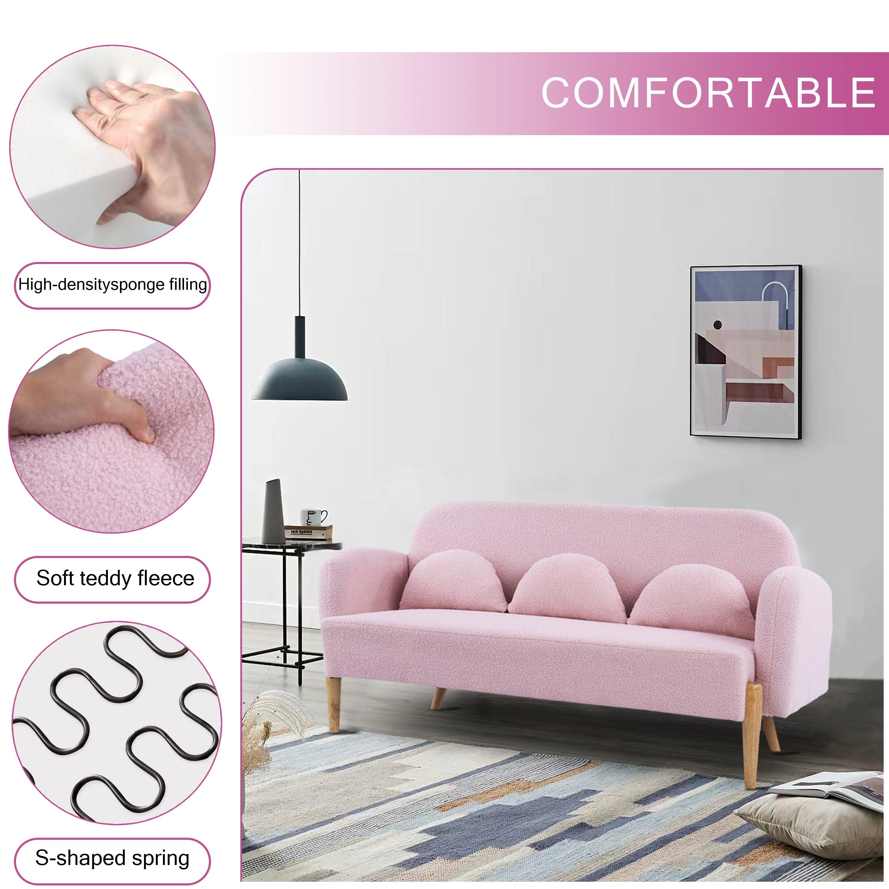 🆓🚛 Sunkting 59.1" Cozy Teddy Velvet Pink Two-Seater Sofa With Three Lumbar Pillows