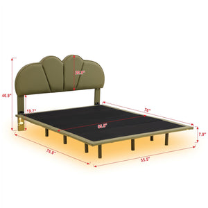 Full Size Upholstery Platform Bed with PU Leather Headboard and Support Legs, Underbed LED Light, Green