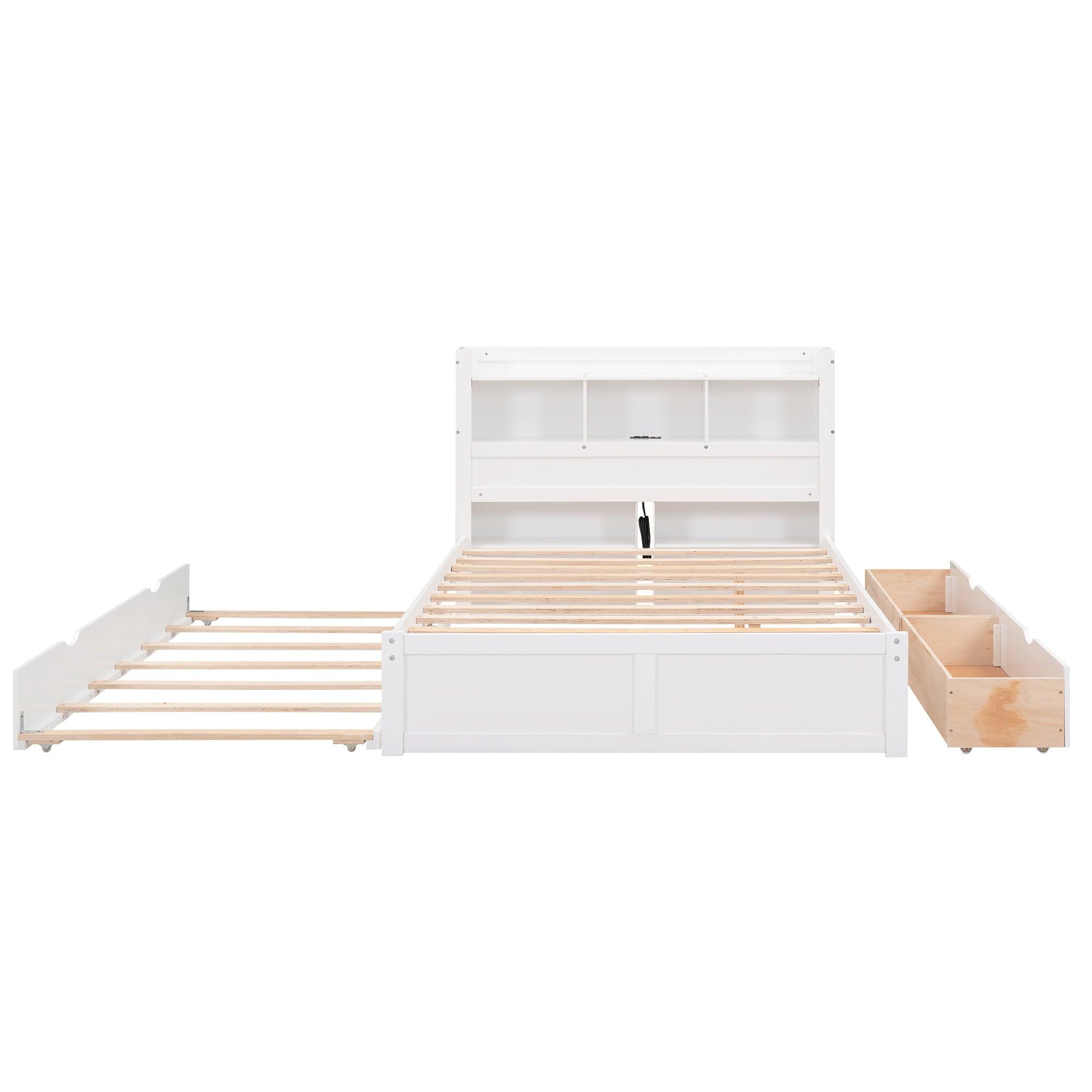 Full Size Storage Platform Bed with Pull Out Shelves, Twin Size Trundle and 2 Drawers, White