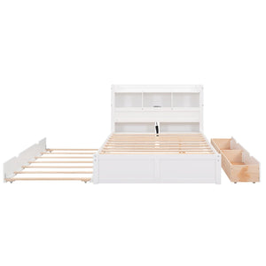 Full Size Storage Platform Bed with Pull Out Shelves, Twin Size Trundle and 2 Drawers, White