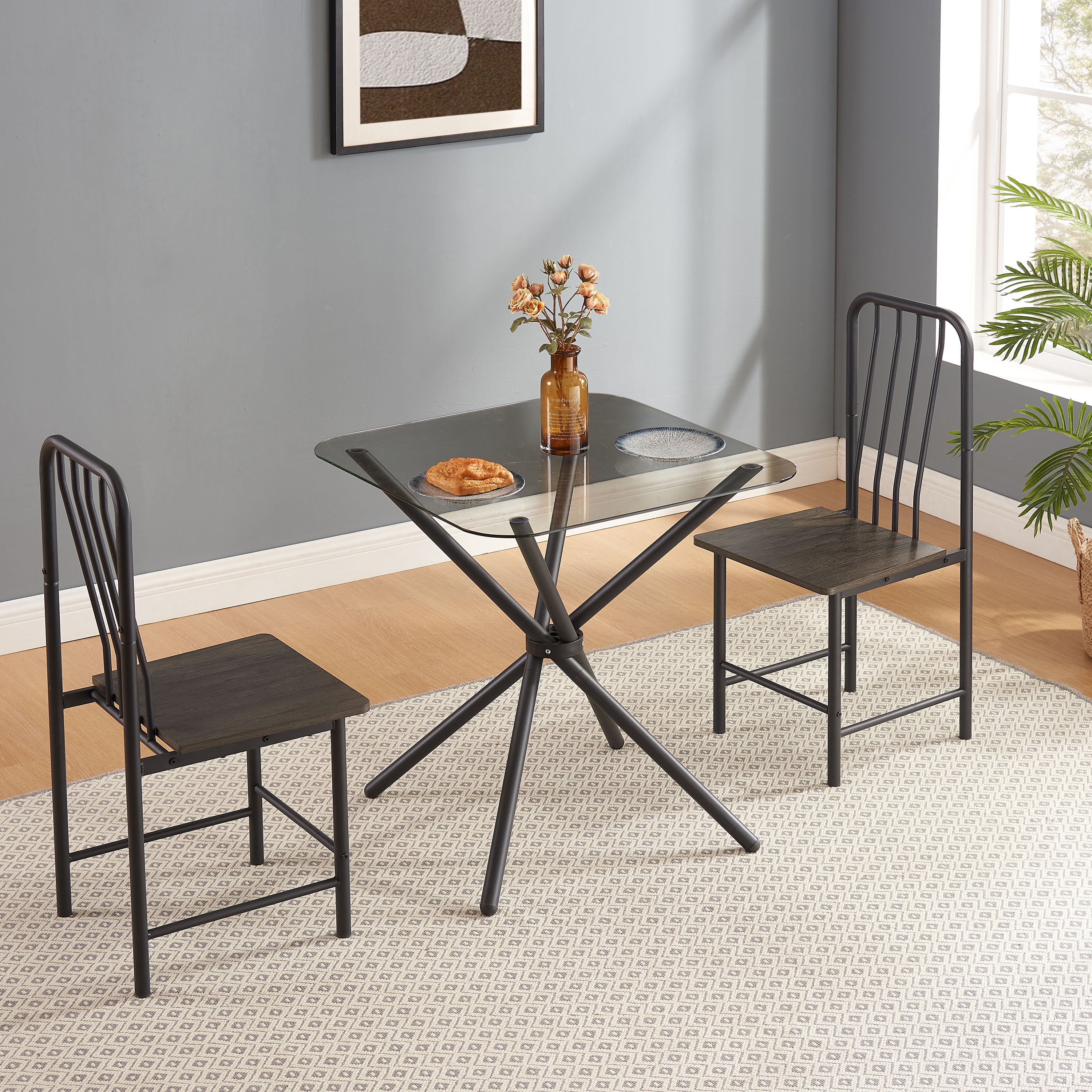 🆓🚛 Dining Set for 2, Square Glass Tempered Dining Table With 4 Legs and 2 Metal Chair for Home Office Kitchen Dining Room, Black & Brown